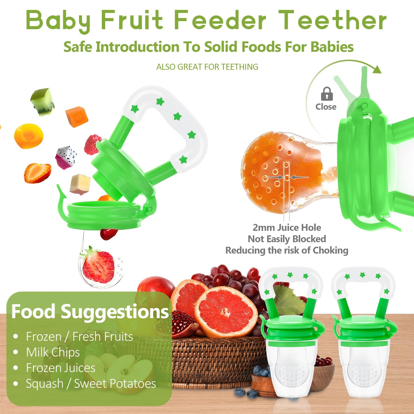 WAJIAYON Baby Fruit Feeder Pacifier | Infant Food Feeder Pacifier & Food Dispensing Spoon | Mesh Fresh Fruit Teethers for Babies | Silicone Feeder Baby Shower Gifts for Boys and Girls (Pink)