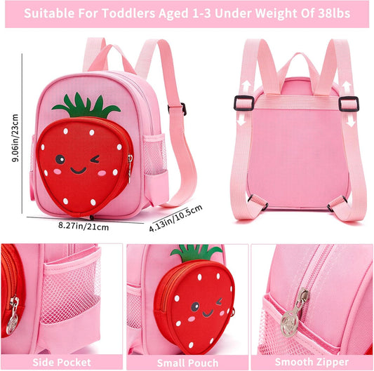 Toddler Backpack with Leash, Accmor 4 in 1 Kids Mini Backpacks with Anti Lost Wrist Link, Cute Child Harness Bag Rein for Outdoor, Strawberry Back Pack Rope Tether for Baby Girls Aged 1-3 Years (Pink)