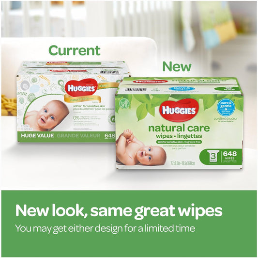 HUGGIES Natural Care Unscented Baby Wipes, Sensitive, Water-Based, 6 Flip-top Packs, 56 Count (Pack of 6)