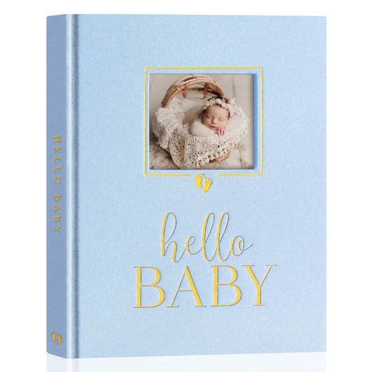 Lanpn Hello Baby Memory Book, Newborn First 5 Year Keepsake with DIY Window, Linen Baby Book Memories Journal Scrapbook Photo Book, Baby Milestone Album for Boy Girl New Parents (Beige, 154 Pages)