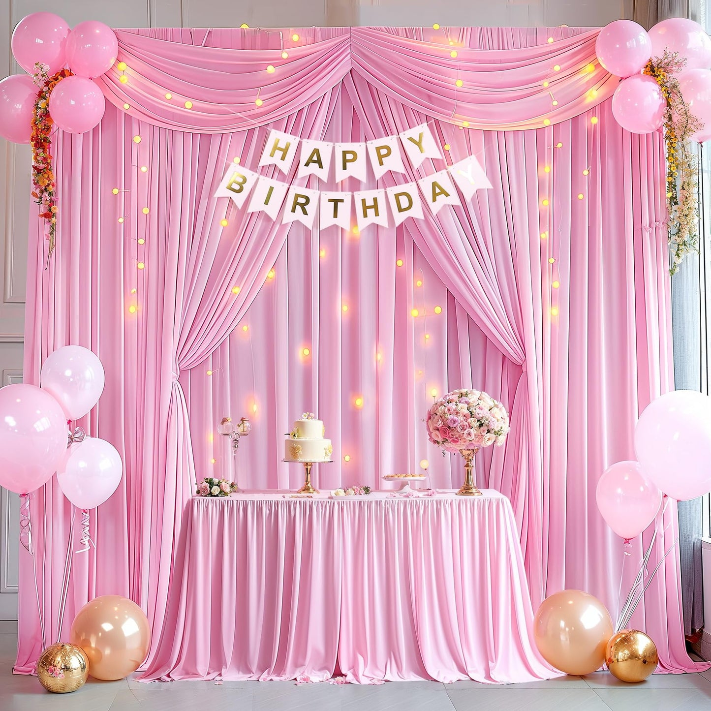 10x10ft Pink Backdrop Curtain with Lights String for Parties Wedding Wrinkle Free Soft Curtains Photo Backdrop Drapes for Girls Birthday Baby Shower Background Decorations 5x10ft, 2 Panels