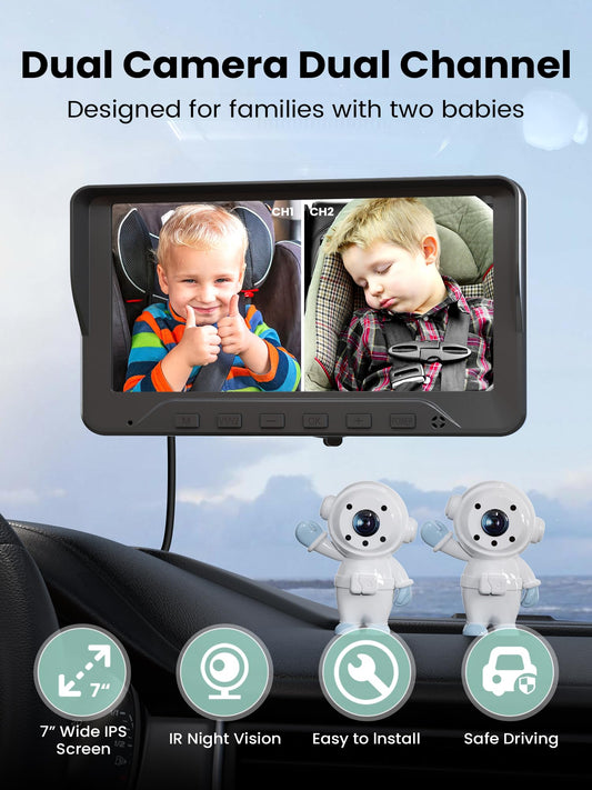 GROWNSY Baby Car Camera for 2 Kids, 7 in Ultrawide AHD Car Baby Monitor with 2 Camera, Backseat Mirror for Baby Rear Facing with Infrared Night Vision, Easily Observe Baby's Every Move