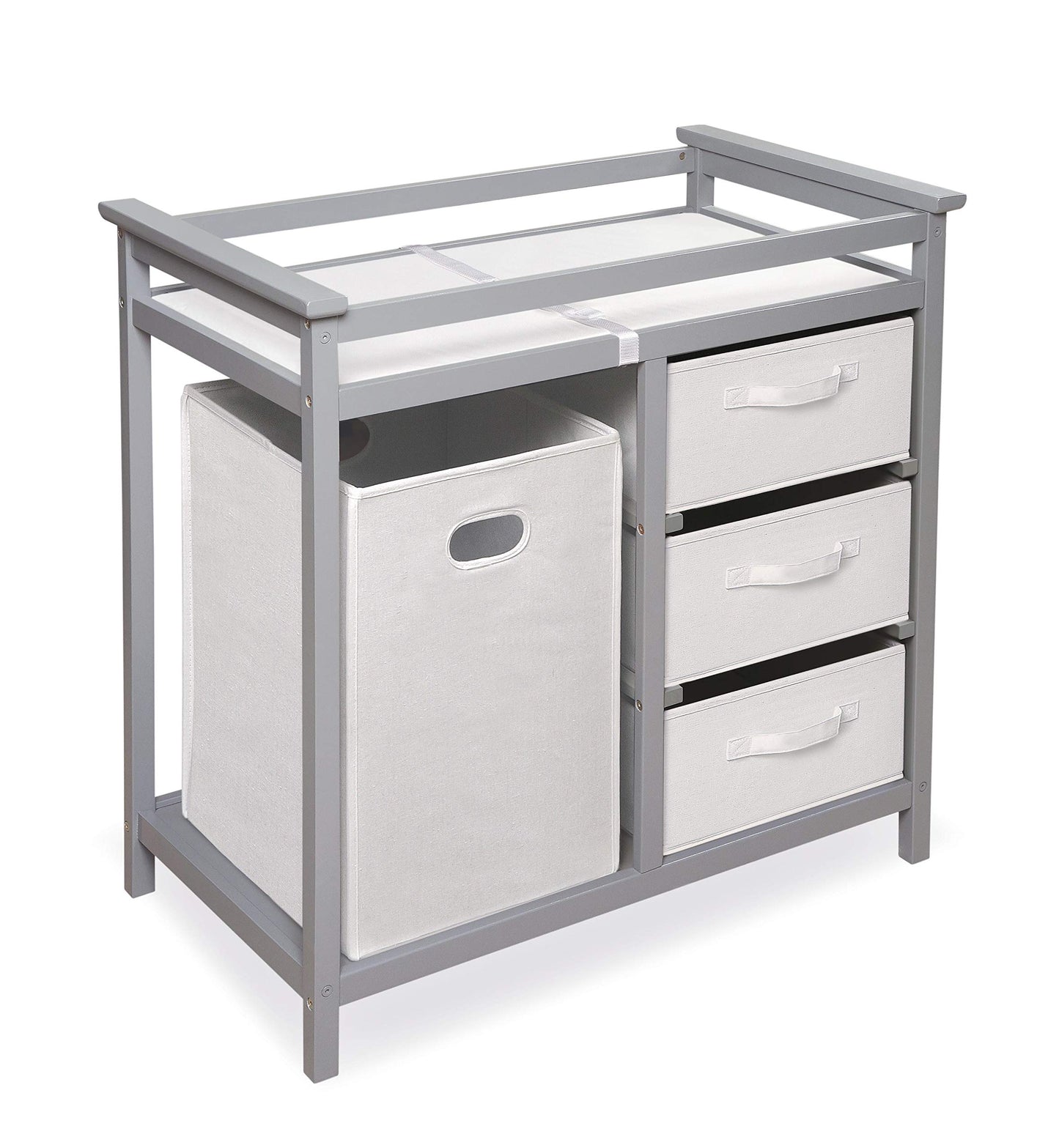 Badger Basket Modern Baby Changing Table - Portable Diaper Station with 3 Drawers Pad & Hamper - Storage Organizer for Baby Clothes, Diapers & Toys - Fresh White/White (34.25 x 20.75 x 34.5)