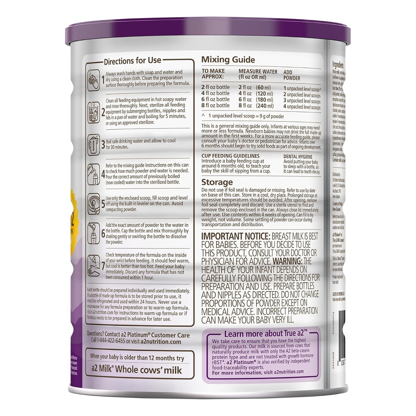 a2 Platinum® Premium Infant Formula for Babies ages 0-12 Months, Milk-Based Powder with Iron. Nutritionally Complete, made with Pure and Natural a2 Milk® - 31.7- oz Can - 6 Pack