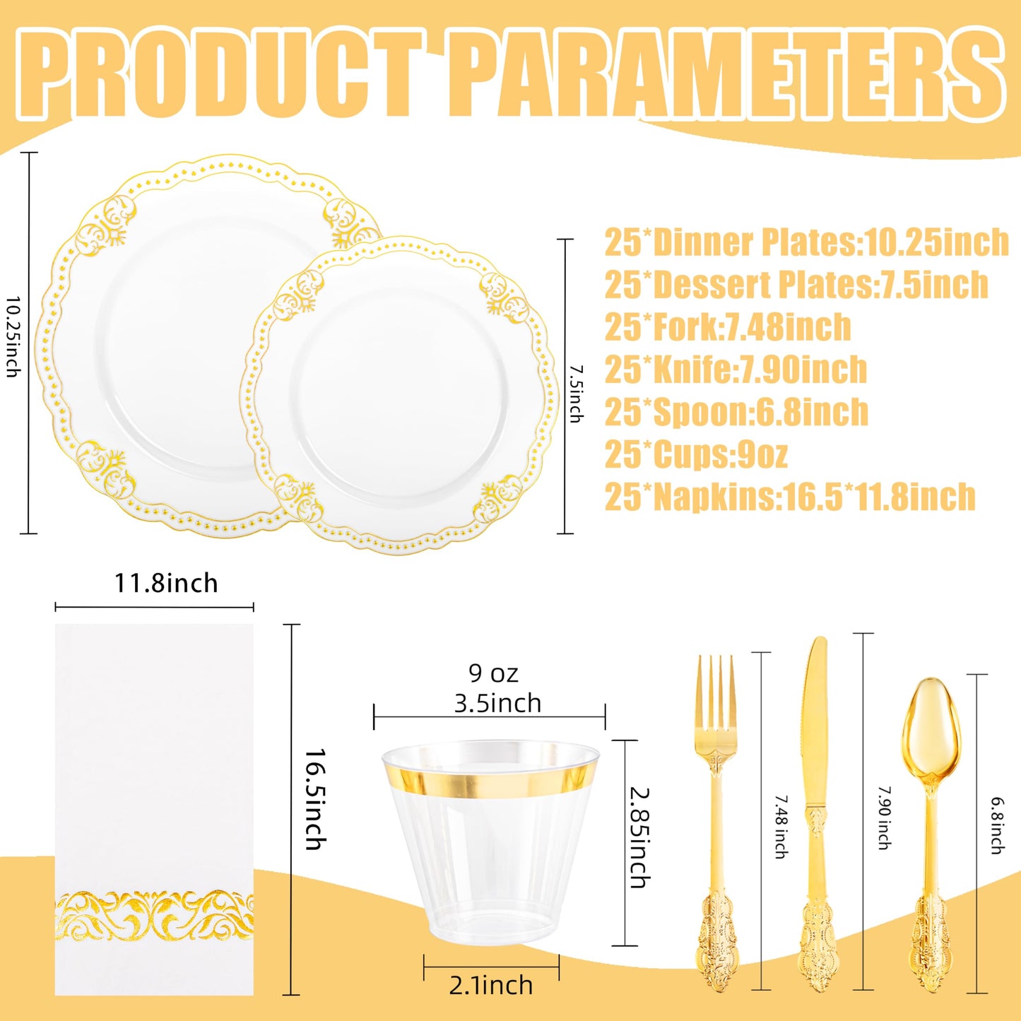 Ciaell 175 PCS White and Gold Plastic Plates - Fancy Gold Disposable Dinnerware Set with of 25 Dinner Plates, 25 Salad Plates, 25 Knives, 25 Forks, 25 Spoons, 25 Cups, 25 Napkins for Weddings Party