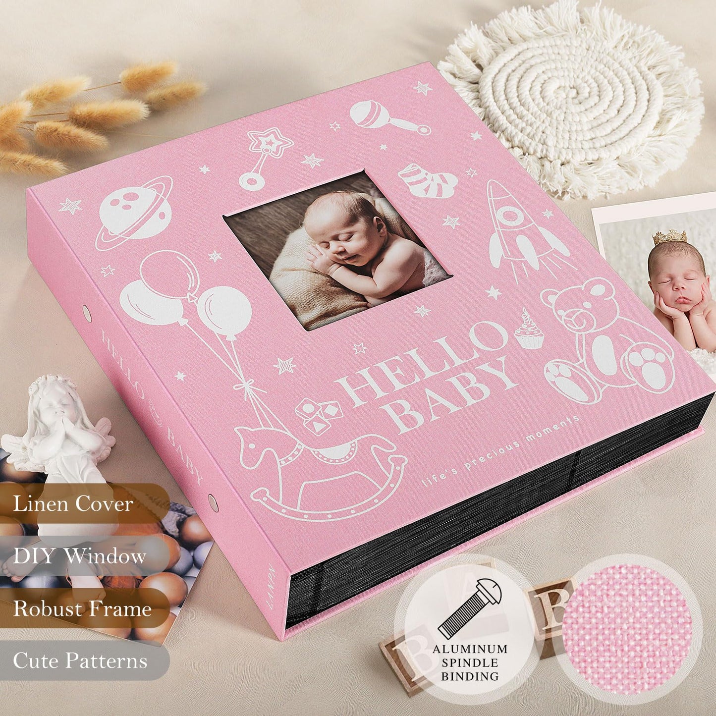 Lanpn Baby Photo Album 4x6 300 Pockets, Linen Newborn Bebe Ultrasound Photo Album with Memo Writing Area, Cover Photo Book, Picture Album for kids, Baby Girl Boy Memory Book Keepsake Colorful