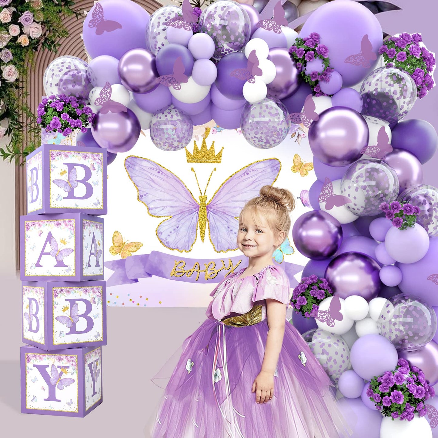 Pink Butterfly Baby Shower Decorations for Girl,Pink Balloon Garland Arch Kit,Pink Butterfly Baby Boxes and Butterfly Backdrop Kit for Baby Shower Butterfly Decorations Birthday Party Decor