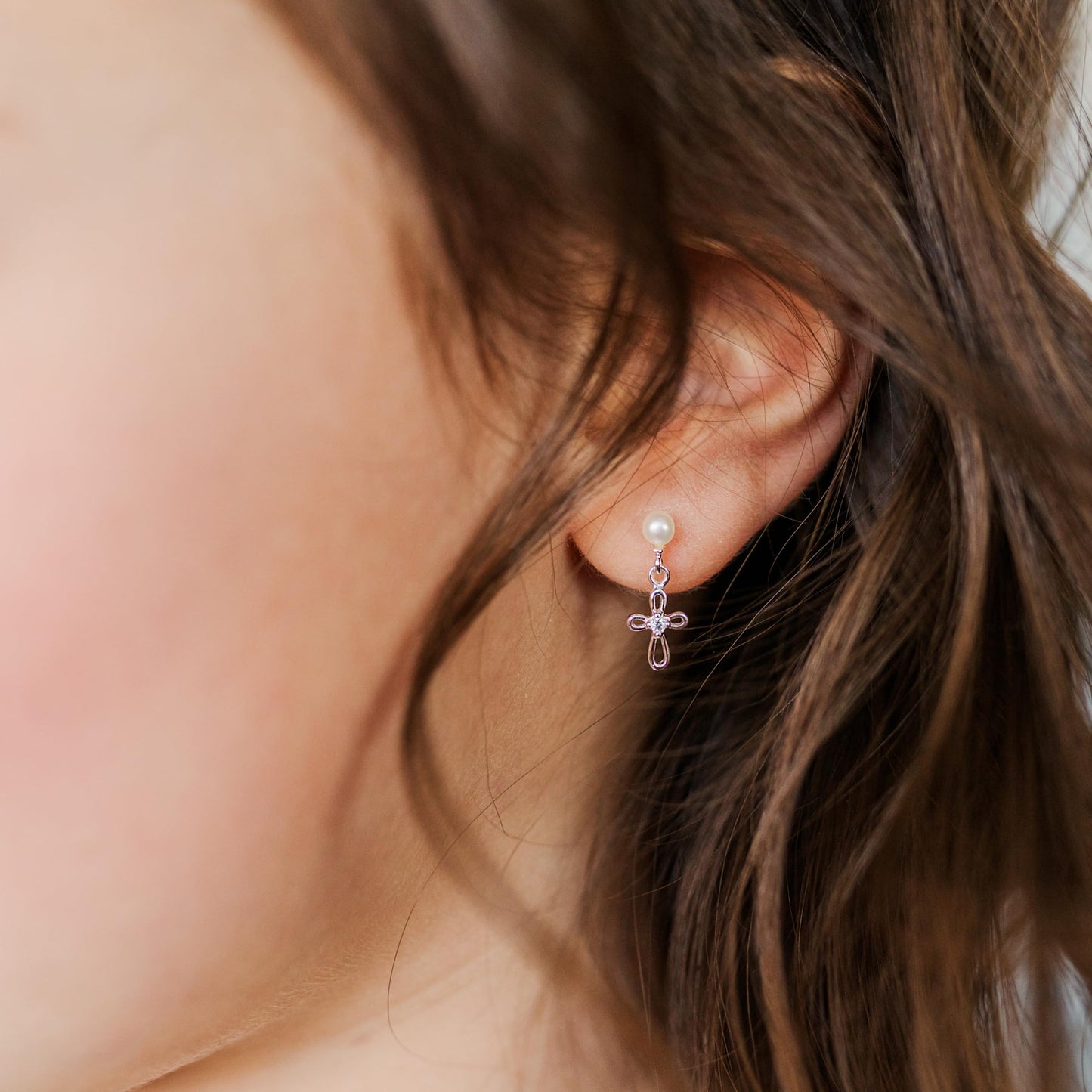 Cherished Moments Children's Sterling Silver Cultured Pearl or CZ, Dangling Cross Earrings with Screw Backs for Baptism, Christening, First Communion Gift for Babies, Kids, Toddlers, and Little Girls