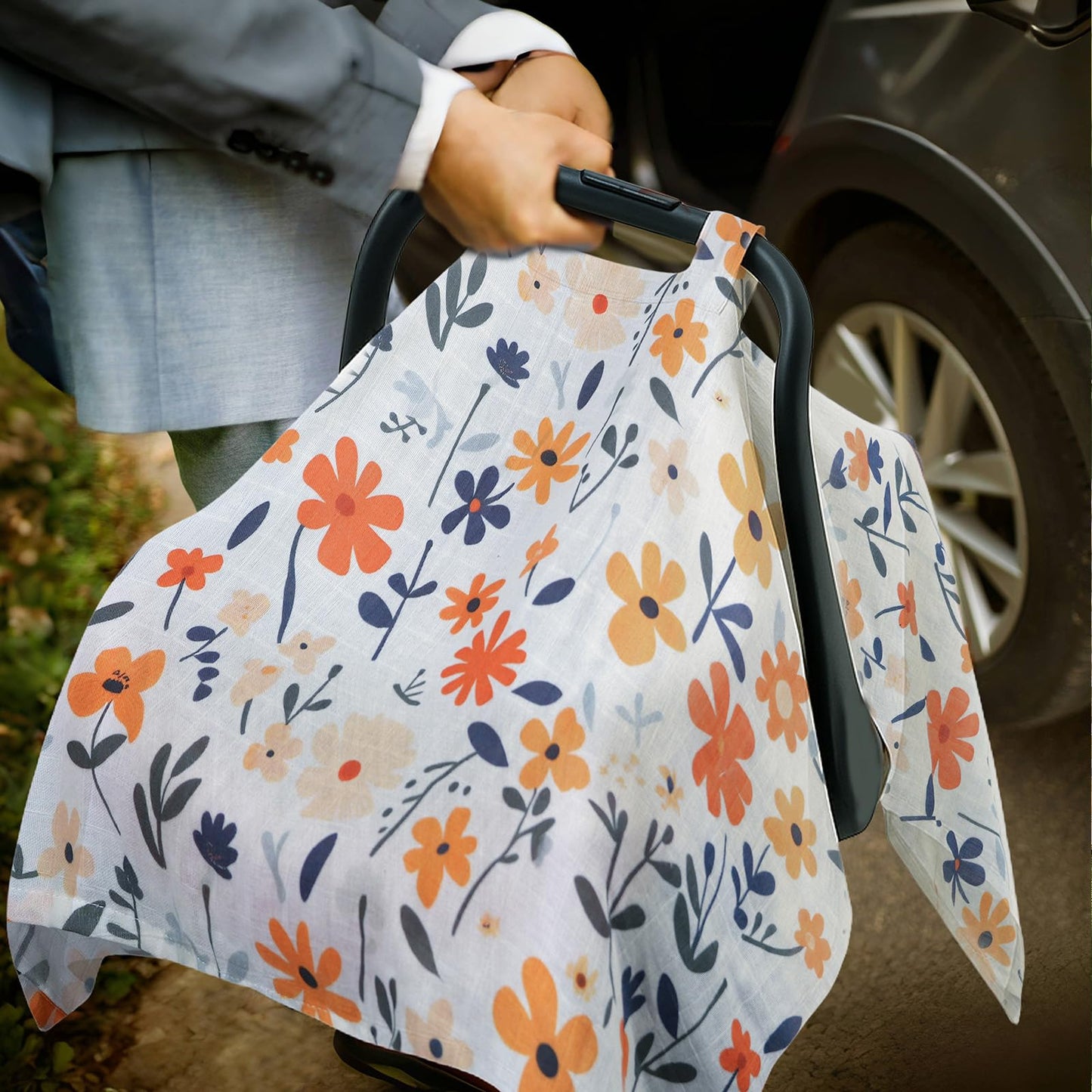 100% Muslin Summer Baby Car Seat Cover, Universal Fit Infant Car Seat Canopy, Breathable & Lightweight Sun, Weather Protection for Boys & Girls