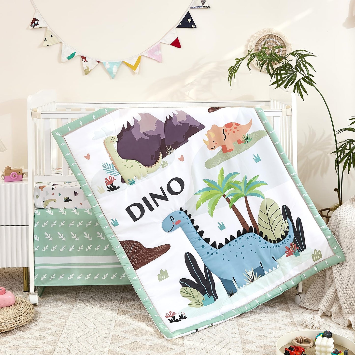 3-Piece Crib Sets for Boys - Ultra Soft Baby Boy Crib Bedding Set Includes Crib Comforter, Sheet & Skirt (Dinosaur)