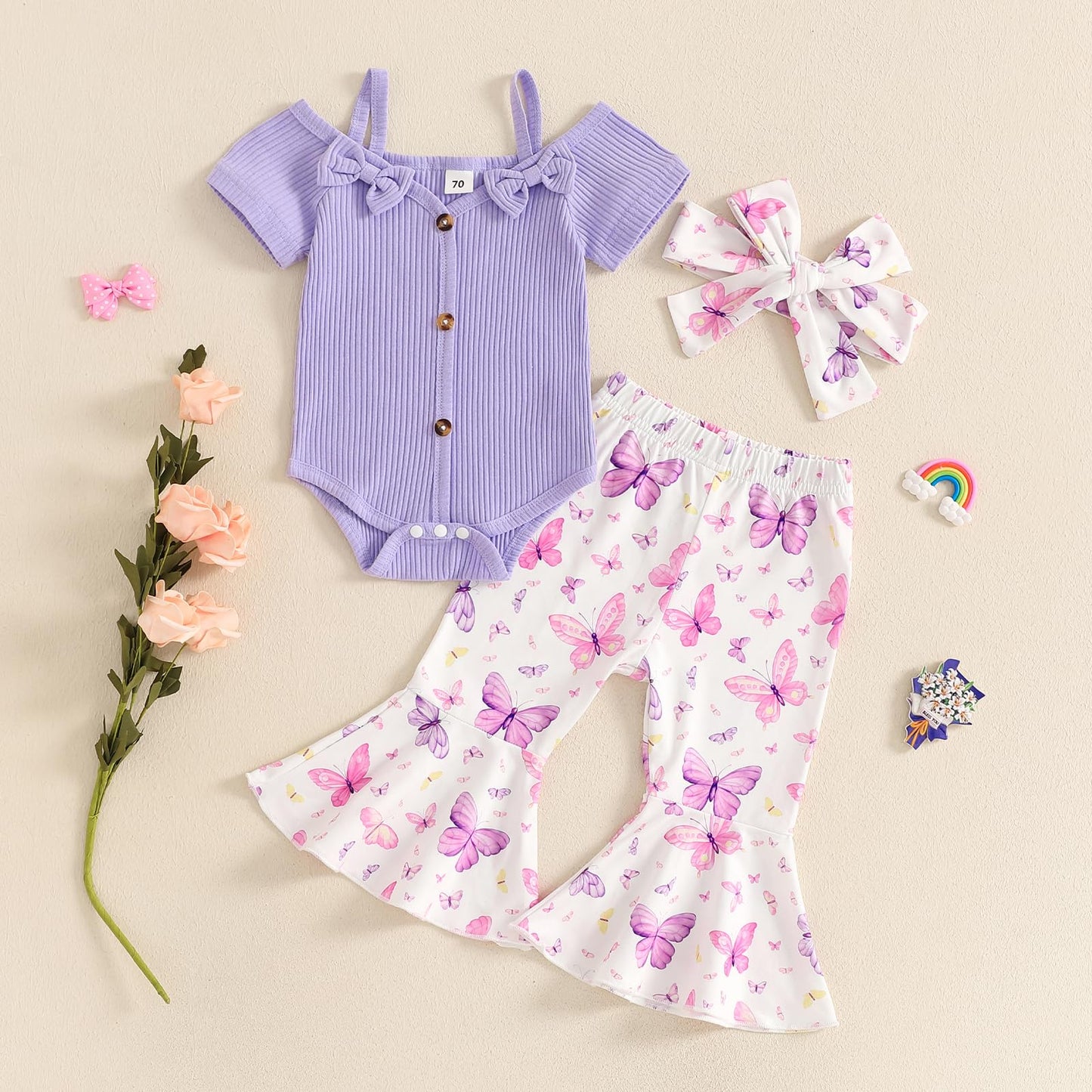 Fernvia Infant Baby Girl Clothes Suspenders Short Sleeve Ribbed Romper Flared Pants Set Headband 3pcs Summer Outfit