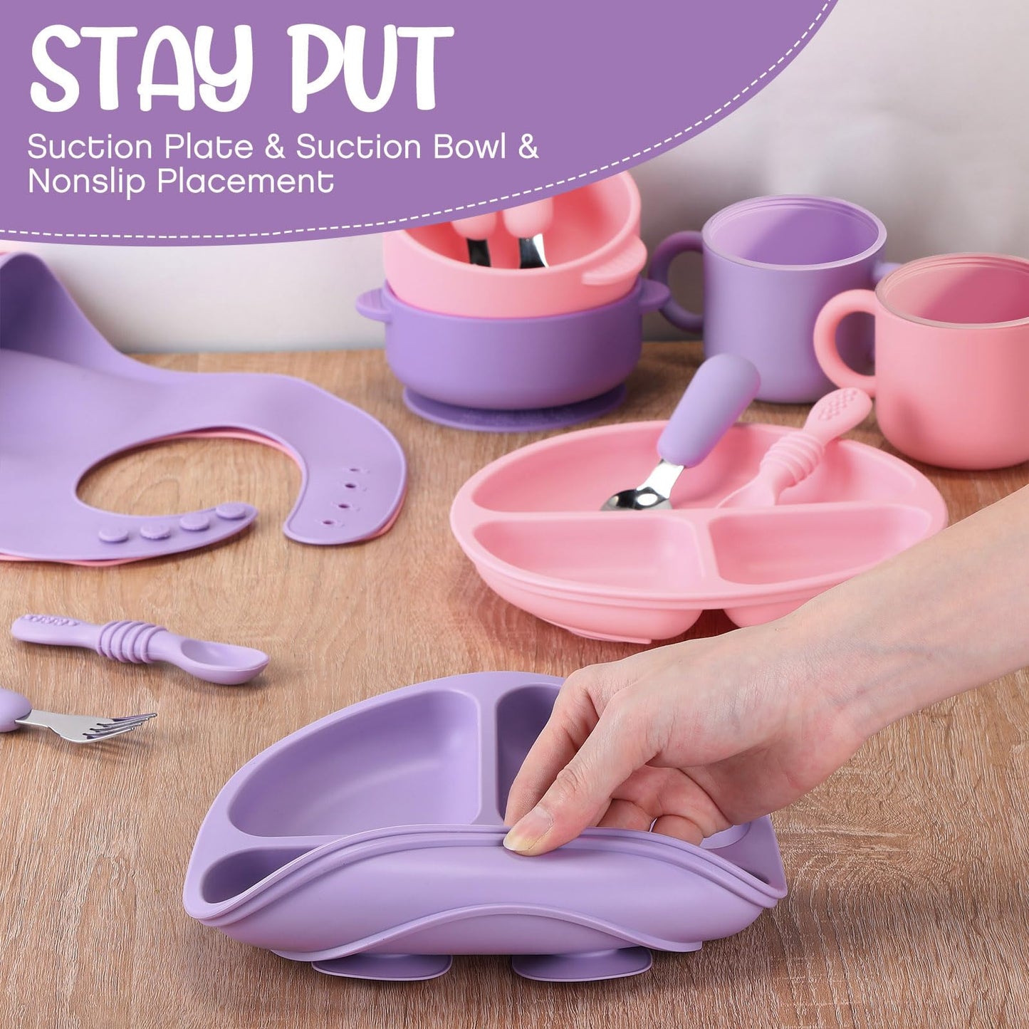 16 Pcs Baby Led Weaning Supplies Silicone Baby Feeding Set Plates with Suction Utensils with Divided Adjustable Bib Bowl Cutlery Snack Cup Spoons Straw 6 Months+(Purple, Pink)