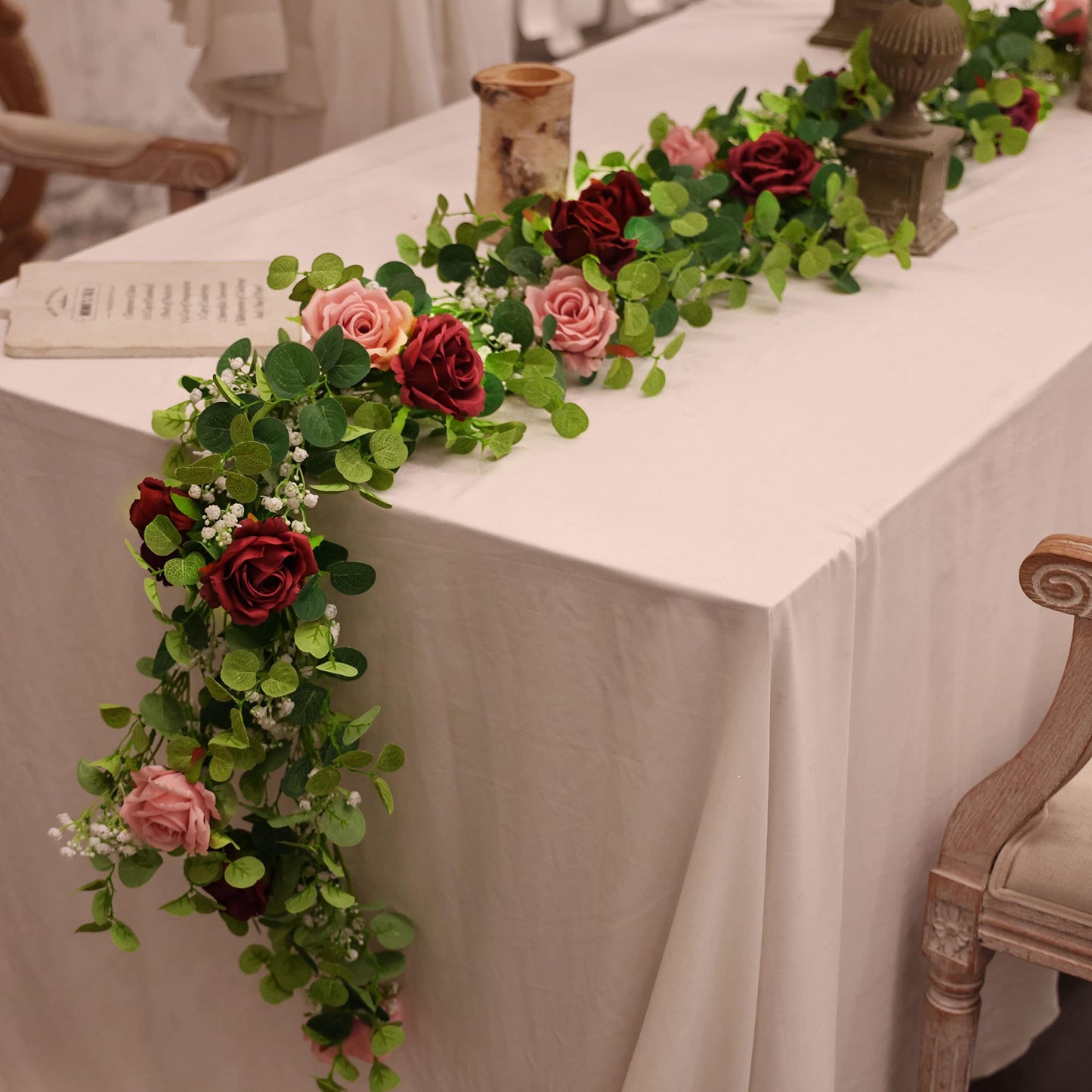 Anna's Whimsy 5.91FT Artificial Eucalyptus Garland with Flowers, Fake Flower Rose Gypsophila, Faux Floral Greenery Garland for Wedding Spring Home Party Craft Art Table Runner Decor