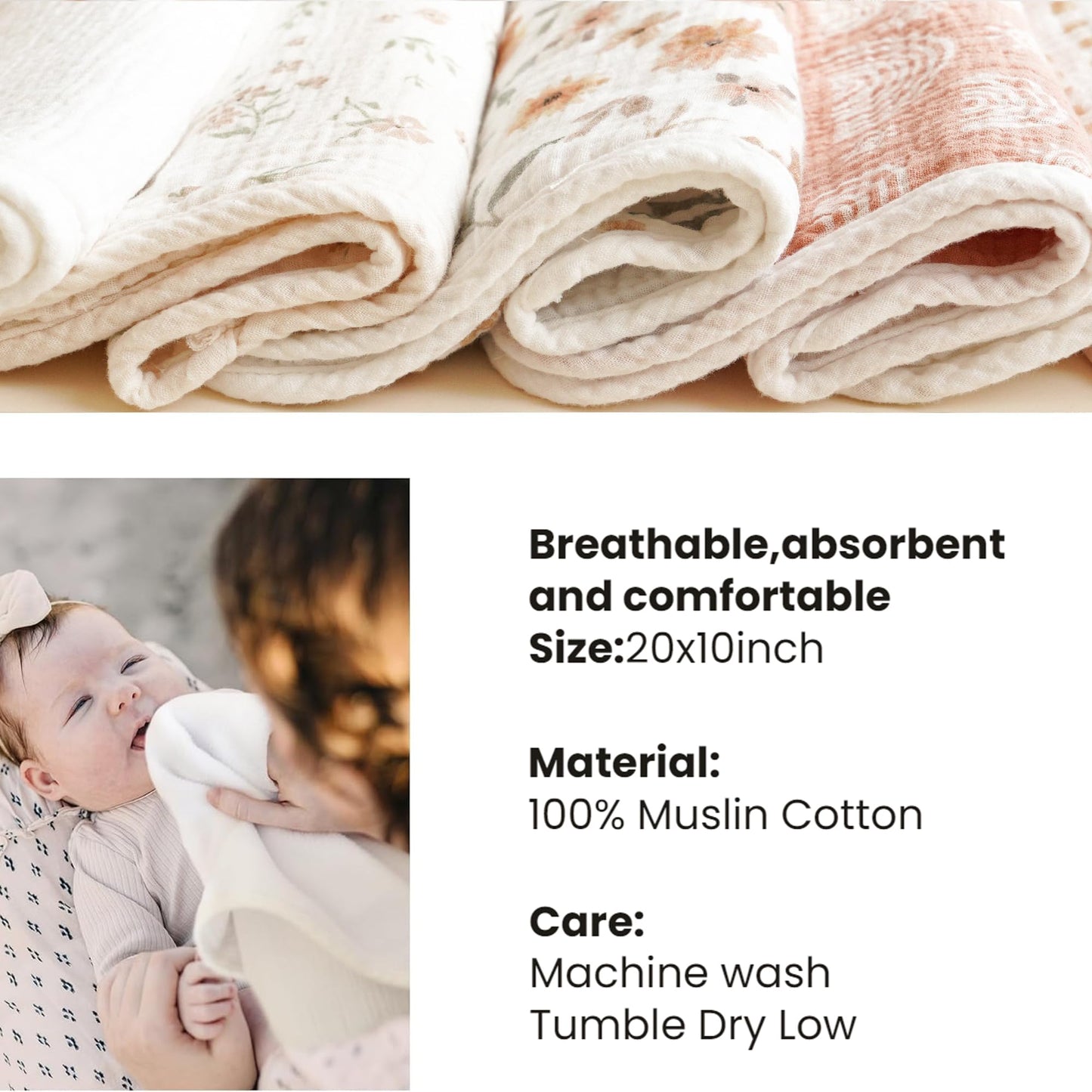 Konssy 6-Pack Muslin Baby Burp Cloths, Large 100% Cotton Burping Clothes, Soft & Absorbent for Newborns, Baby Boys and Girls
