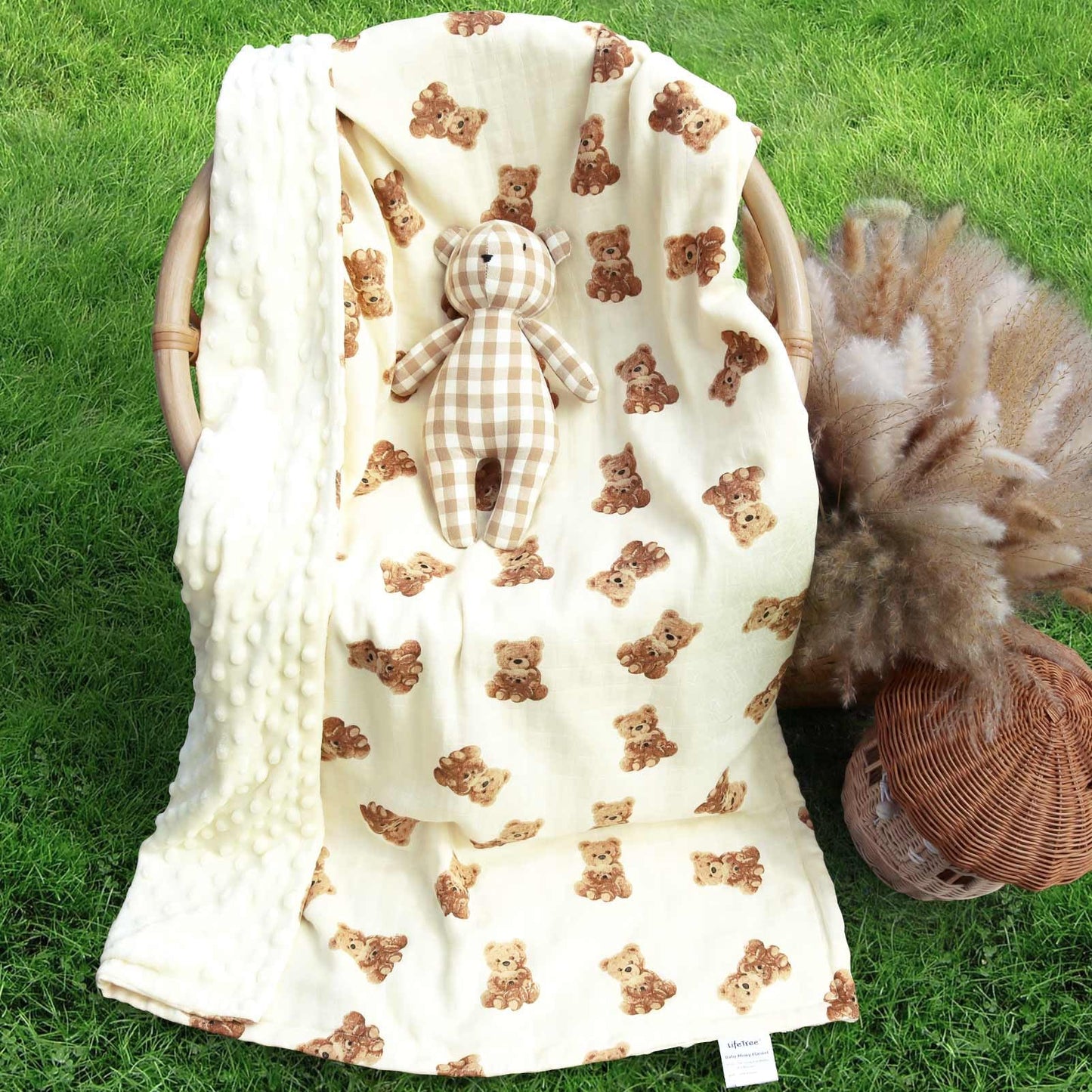 LifeTree Minky Baby Girl & Boy Blankets, Soft Double Layer Swaddle Blankets, Muslin Front and Dotted Fleece Backing Receiving Bed Throw Blanket for Newborn Unisex, 31X40 Inches, Bear Pattern
