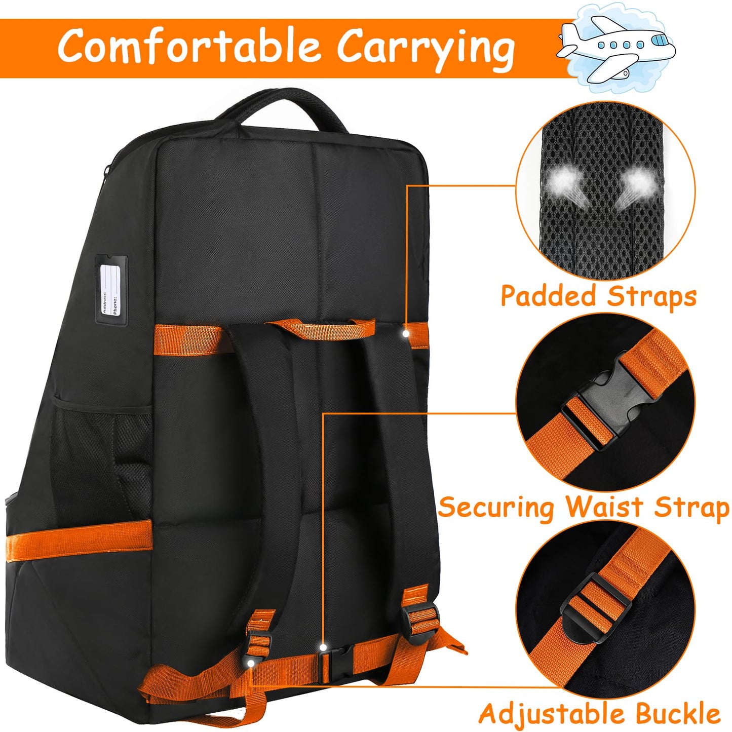 YOREPEK Padded Car Seat Travel Bag Backpack for Airplane, Heavy Duty Car Seat Bags for Air Travel, Carseat Cover for Airplane Travel with Shoulder Strap, Car Seats Carrier for Airport, Black