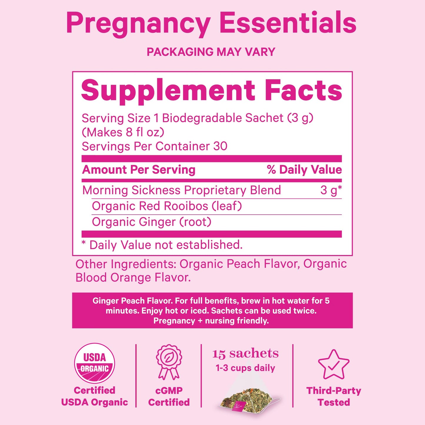 Pink Stork Organic Morning Sickness Pregnancy Tea - Hot or Iced Tea - Prenatal Heartburn, Indigestion, and Constipation Support - 1st Trimester Pregnancy Must Haves - Ginger Peach, 15 Sachets