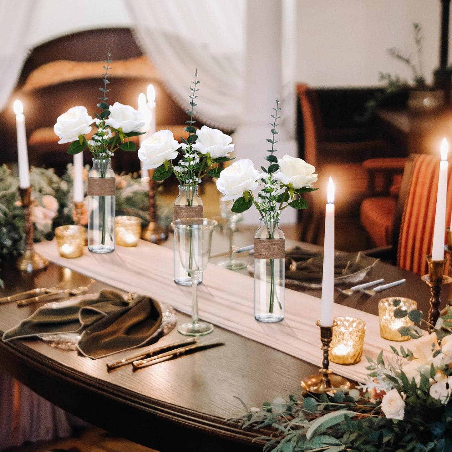 10 Set Clear Glass Vase with Flowers Centerpieces 10 Clear Glass Jars 40 Artificial Plant with Rope Table Centerpieces for Wedding Rustic Baby Shower Party Farmhouse Home Decoration