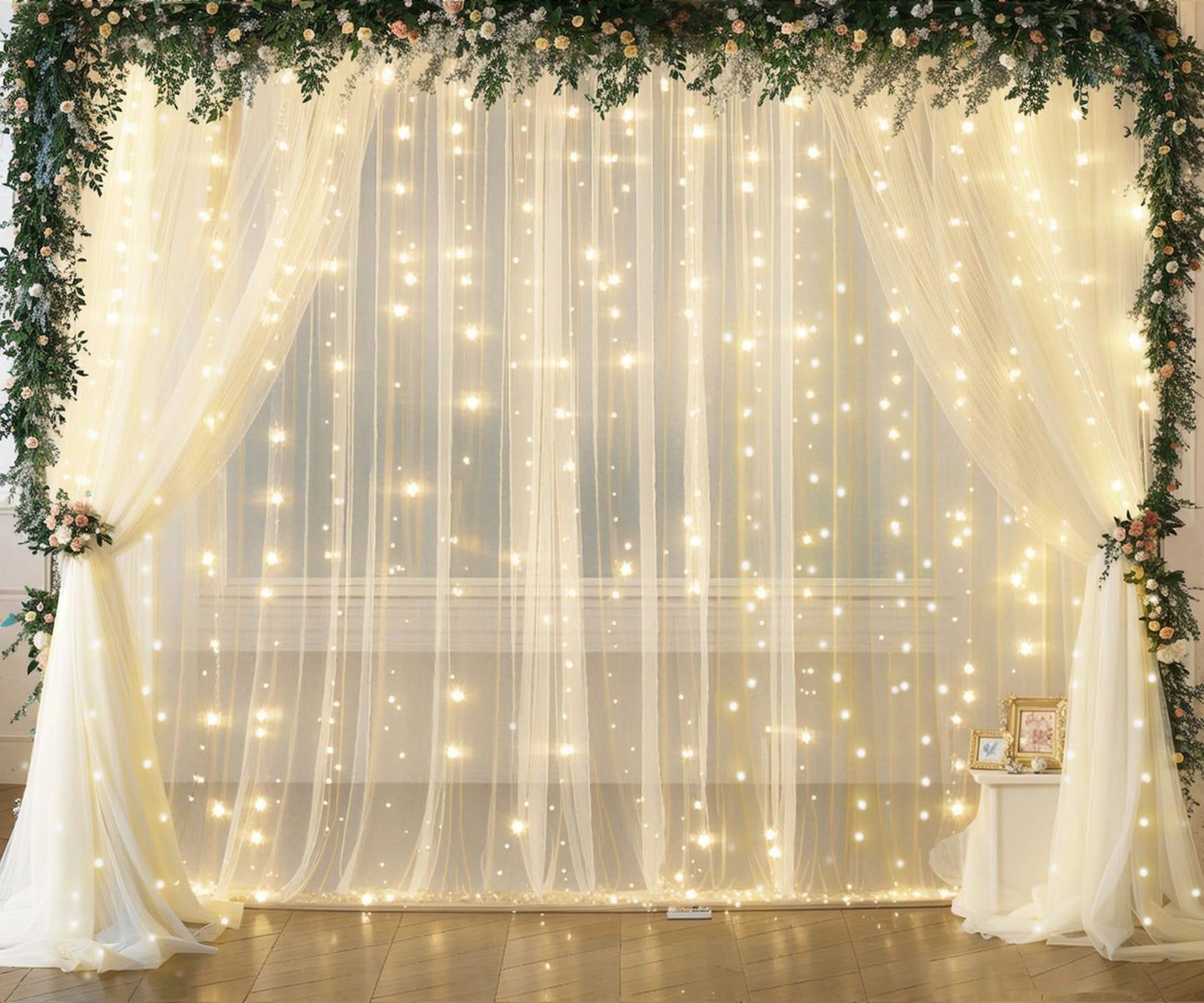 White Tulle Backdrop Curtain with Lights String for Parites 10×8ft Sheer Backdrop Curtains White Curtain Backdrop for Wedding Baby Shower Birthday Party Photo Shoot Decorations(2 Panels 10ft×8ft)