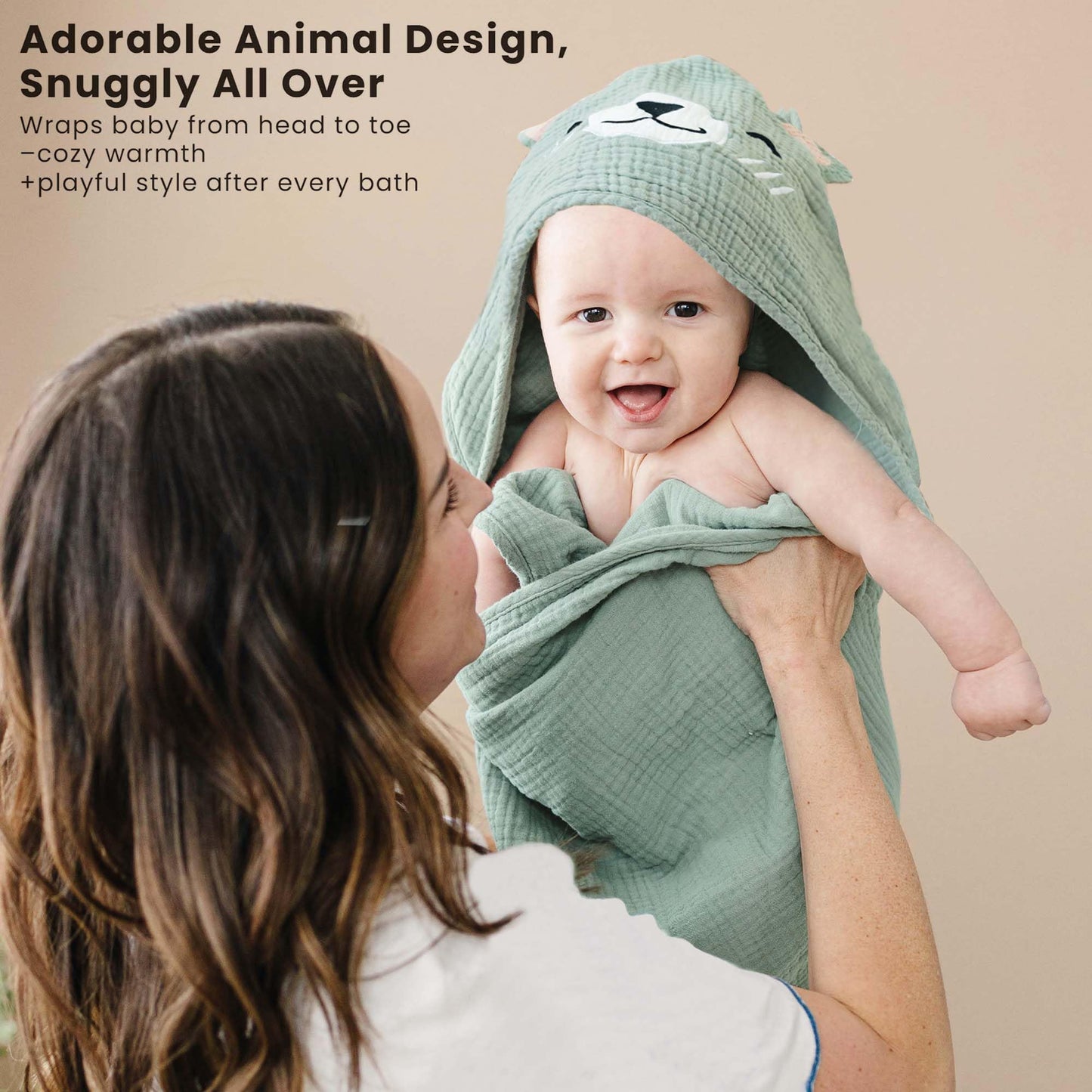 Konssy 2-Pack Muslin Baby Hooded Towels, Soft Cotton and Absorbent Baby Bath Towels for Newborn, Infant & Toddler with Animal Hooded Design (Bunny & Deer)