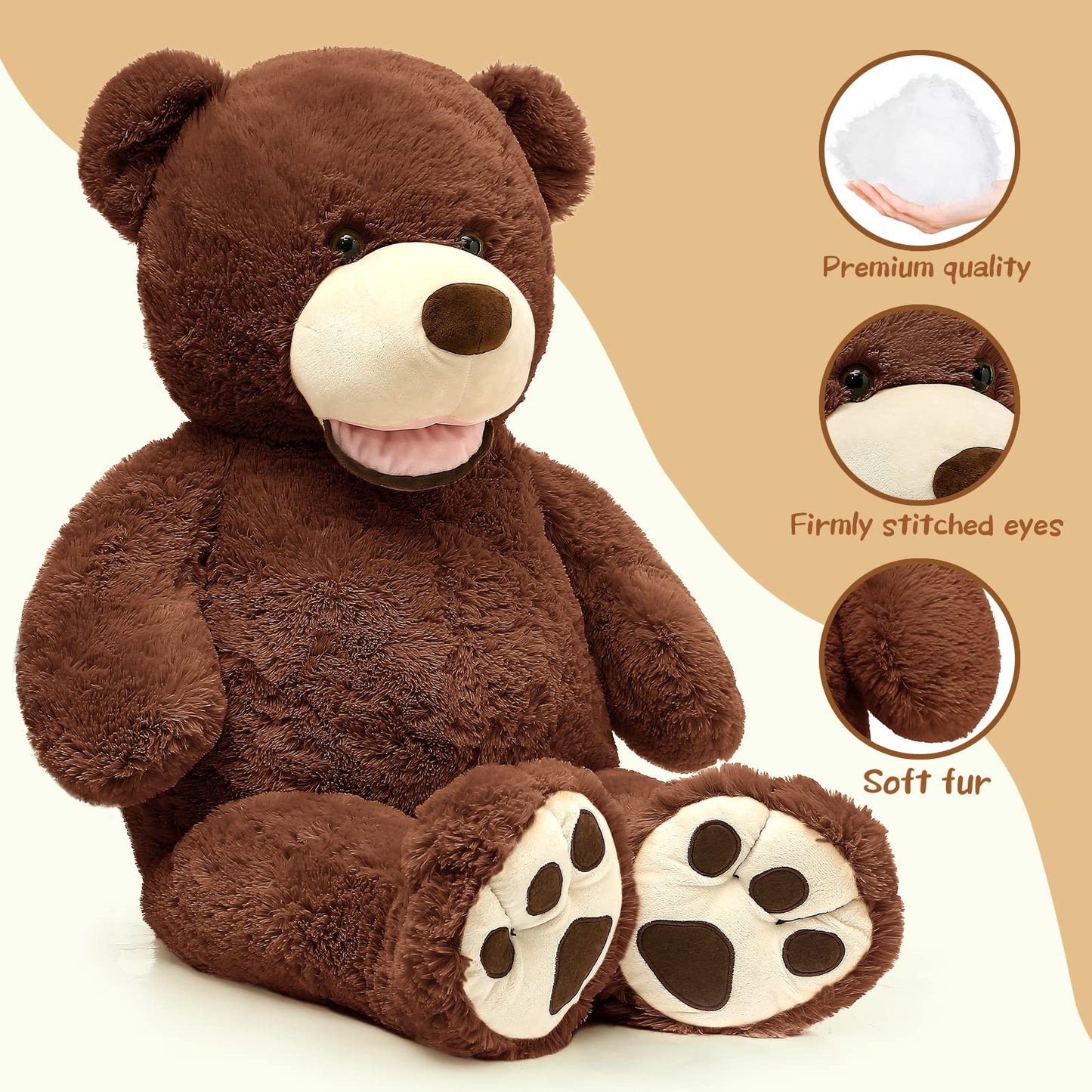 MorisMos Smile Giant Teddy Bear, 51inch Large Stuffed Bears with Big Footprints, Big Stuffed Animals Cuddly Plush Gifts for Girlfriends, Boyfriend, Dark Brown