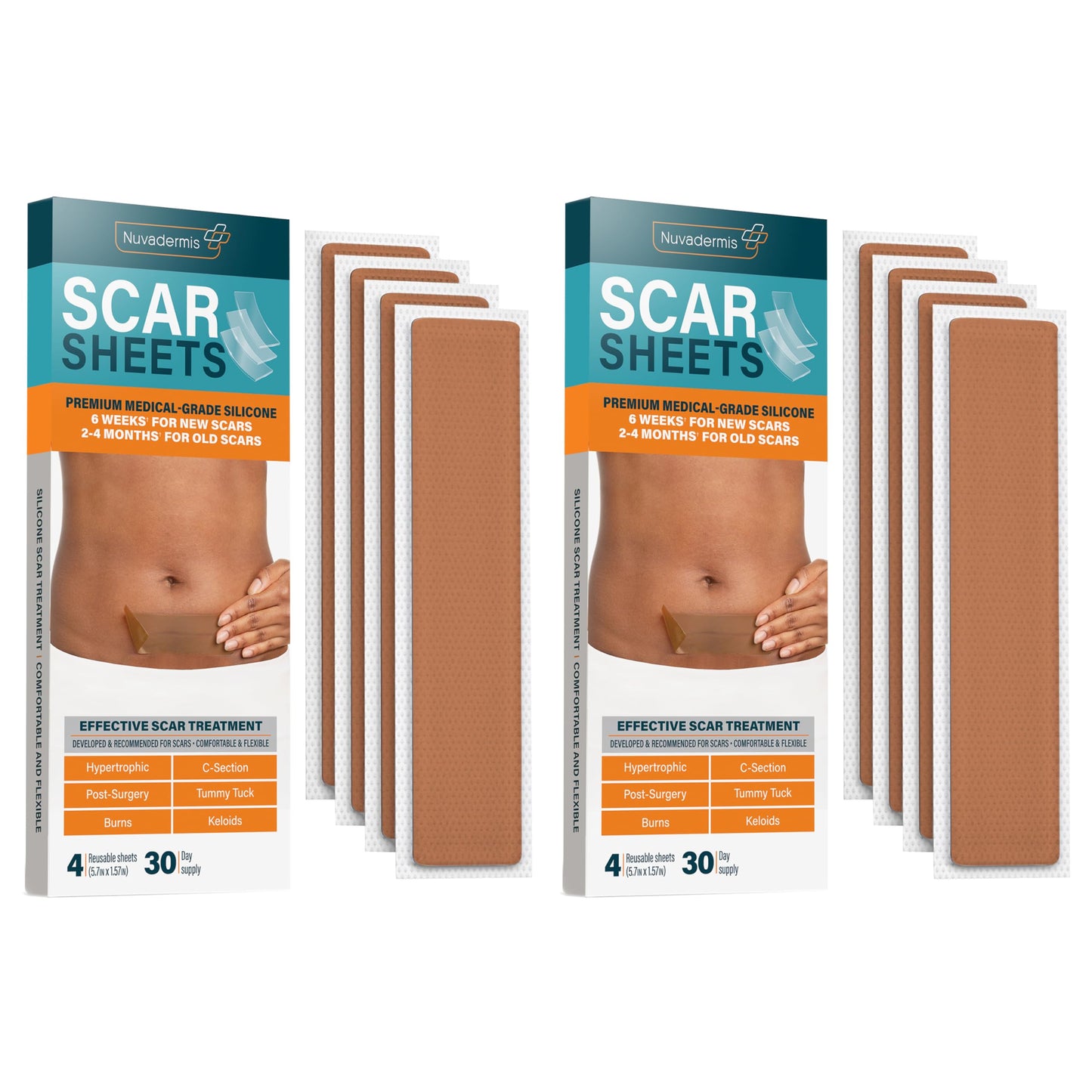 NUVADERMIS Silicone Scar Sheets - Extra Long Scar Sheets for C-Section, Tummy Tuck, Keloid, and Surgical Scars - Reusable Medical Grade Silicone Scar Sheets - Pack of 4 - Light Tone
