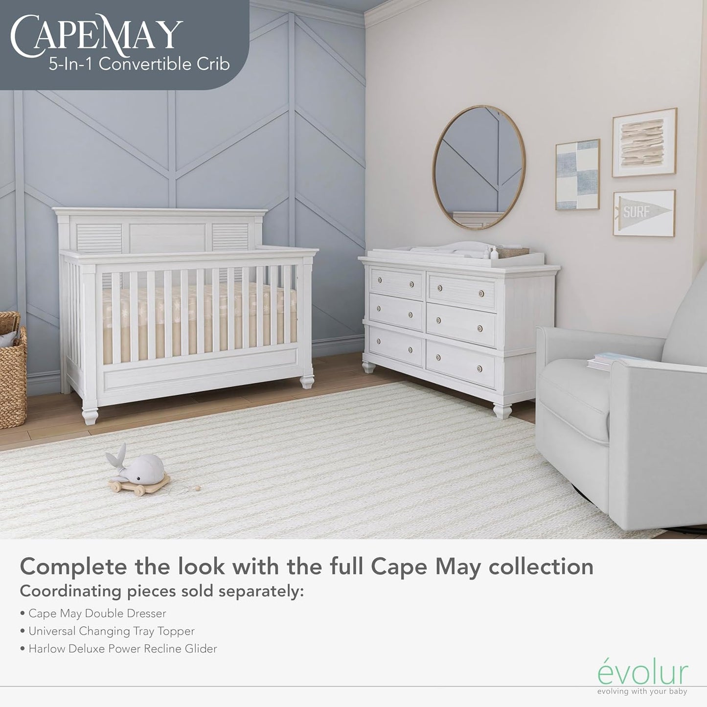 Evolur Signature Cape May 5 in 1 Full Panel Convertible Crib Updated 2022 Edition