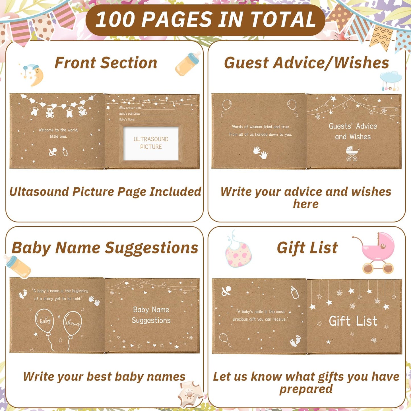 27 Pcs Butterfly Floral Baby Shower Guest Book Set Baby Shower Sign in Guest Floral Book Place Table Cards with Gold Pen Adhesive Photo Corner for Birthday Party