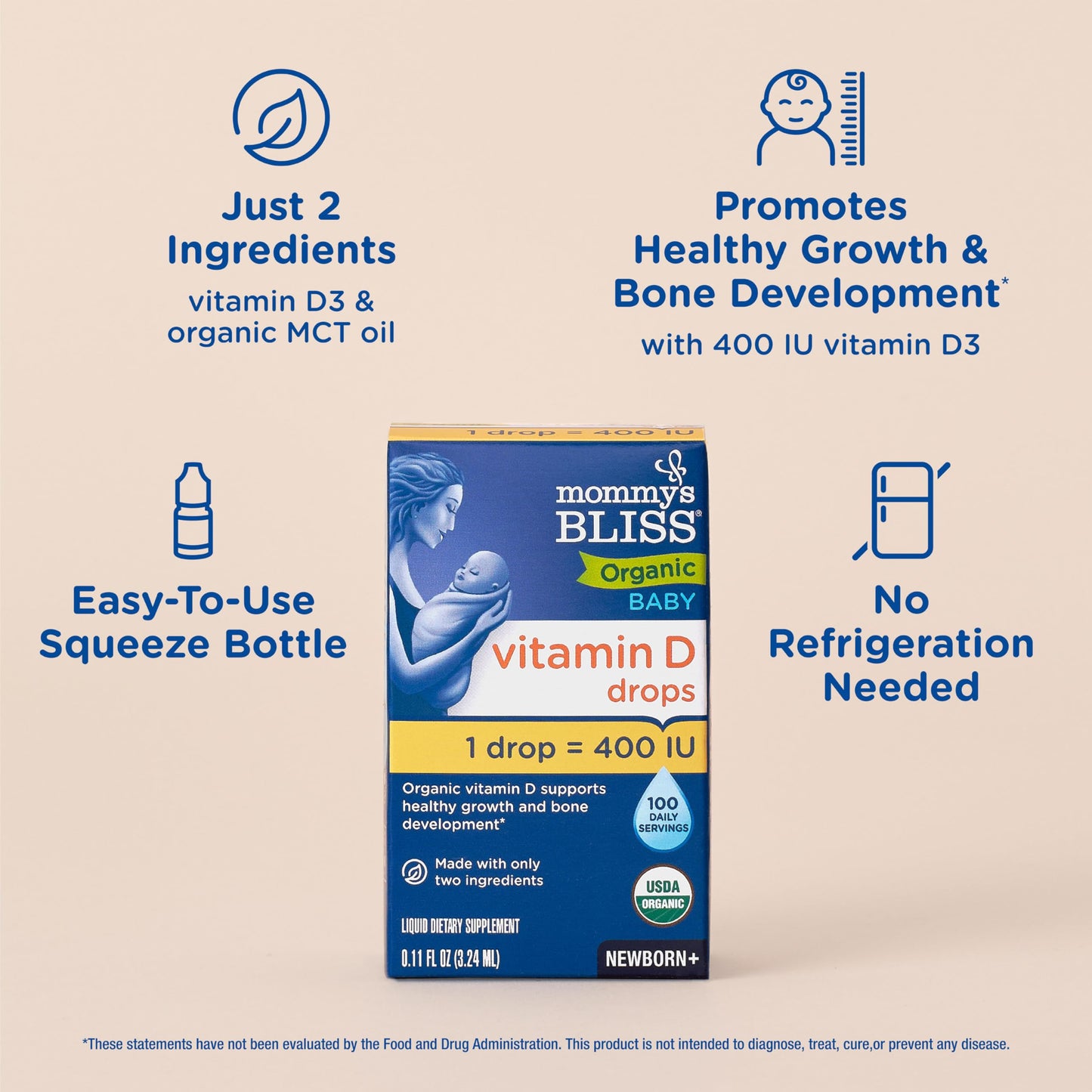 Mommy's Bliss Organic Baby Vitamin D Drops | Promotes Healthy Growth and Bone Development | Age Newborn+ | 0.11 Fl Oz (100 Servings)