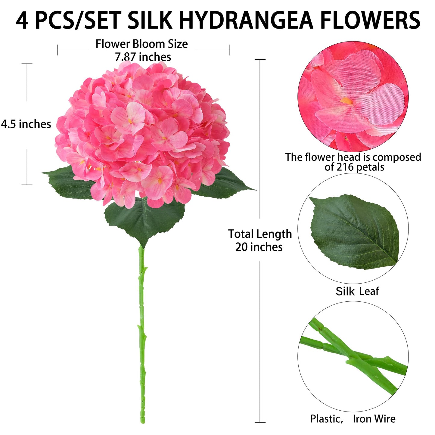 4 Pcs Pink Hydrangeas Artificial Flowers, 20 inches Large Lifelike Fake Silk Flowers, Faux Hydrangeas Flowers for Wedding Home Party Decor Baby Shower Table Centerpiece