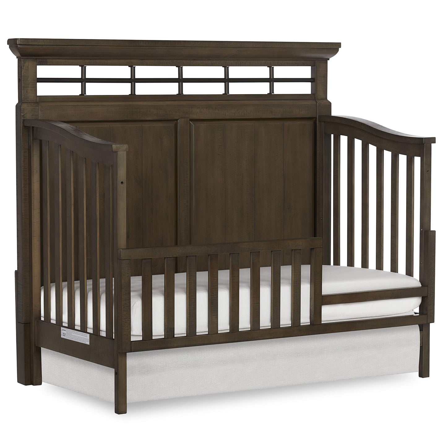 Evolur Empire 5-in 1 Convertible Crib with Metal Elements in Distressed Timber, Green Guard Certificated, Free Mattress