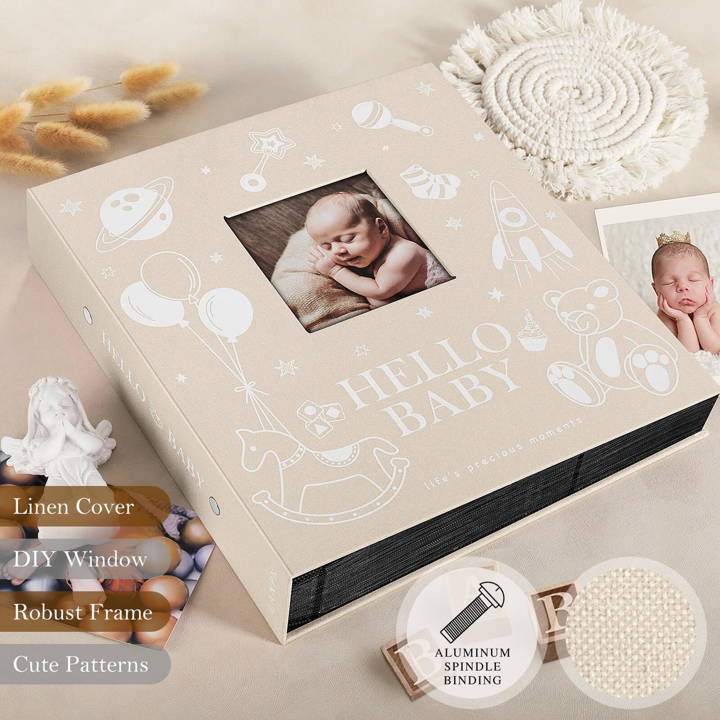 Lanpn Baby Photo Album 4x6 300 Pockets, Linen Newborn Bebe Ultrasound Photo Album with Memo Writing Area, Cover Photo Book, Picture Album for kids, Baby Girl Boy Memory Book Keepsake Colorful