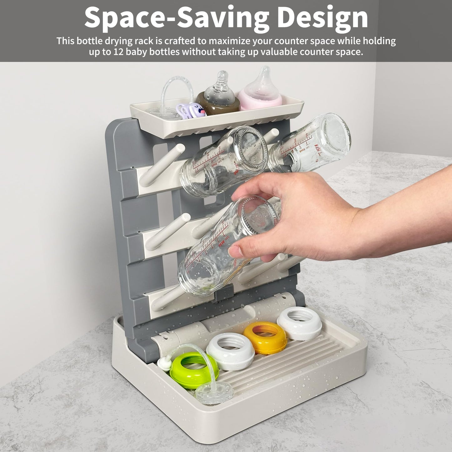 Baby Bottle Drying Rack, Vertical Standing Bottle Dryer Rack Holder-Space Saving Baby Bottle Drying Rack for Countertop-Holds Up to 12 Baby Bottles & Cup(Gray & Khaki)