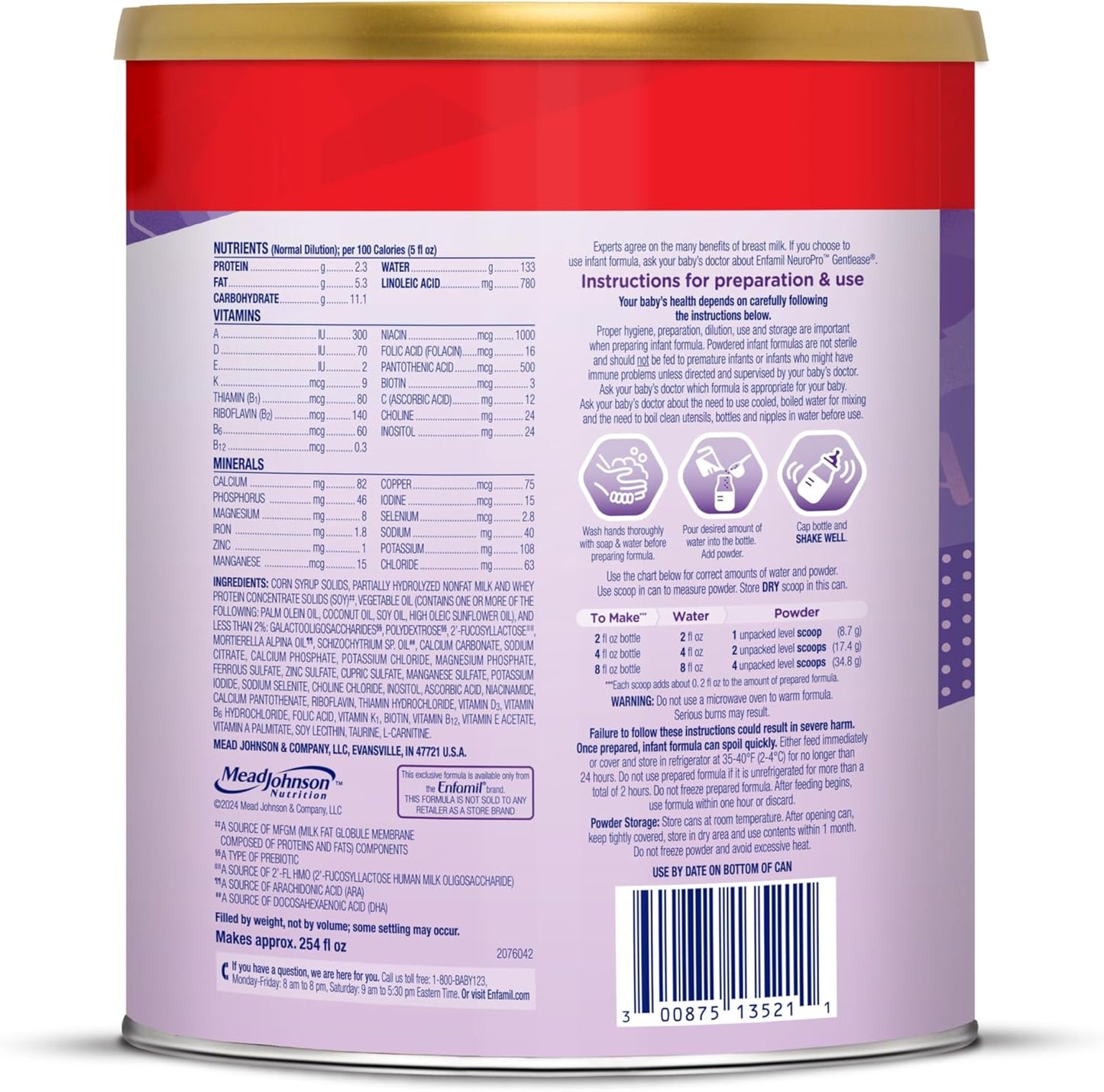 Enfamil NeuroPro Gentlease Baby Formula, Brain Building DHA, HuMO6 Immune Blend, Designed to Reduce Fussiness, Crying, Gas & Spit-up in 24 Hrs, Prebiotics to Promote Softer Stools, Baby Milk, 27.4 Oz