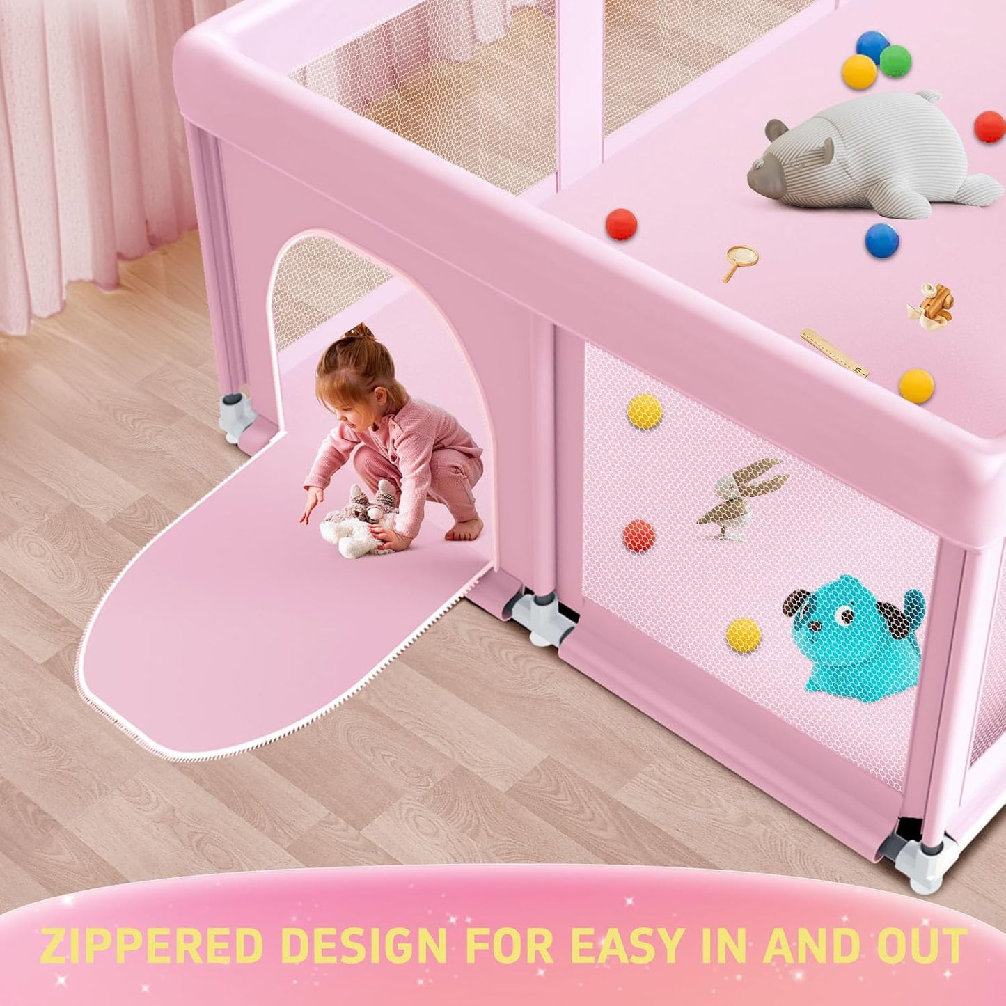 50" ×50" Baby Playpen, Baby Play Pen for Babies and Toddlers, Baby Playard for Indoor & Outdoor, Sturdy Safety Play Yard with Soft Breathable Mesh, Anti-Fall, Pink