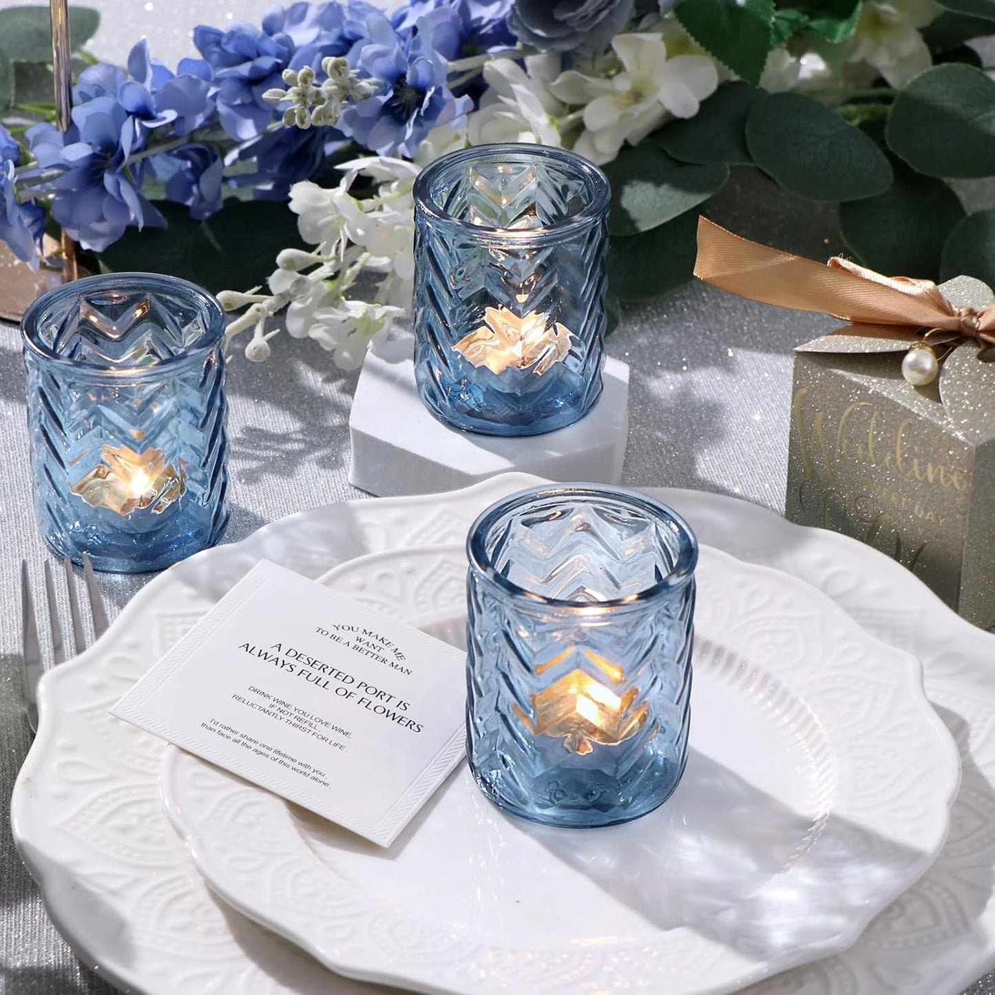 LAMORGIFT 12 PCS Blue Tealight Holders - Blue Votive Candle Holders for Wedding Party Decorations - Bulk for Wedding Reception, Bridal Shower, Baby Shower Party Decor