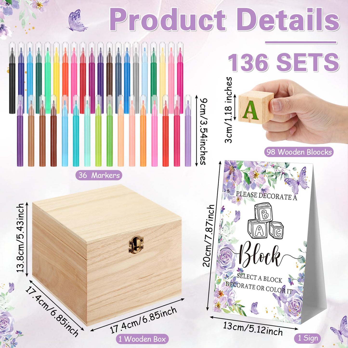 Marsui 136 Pcs Baby Shower Blocks to Decorate Game Kit Includes 98 Wooden Blocks, 36 Markers, 1 Game Sign, 1 Storage Box for Baby Shower Gender Reveal Activity Party Decorations(Pink Elephant)