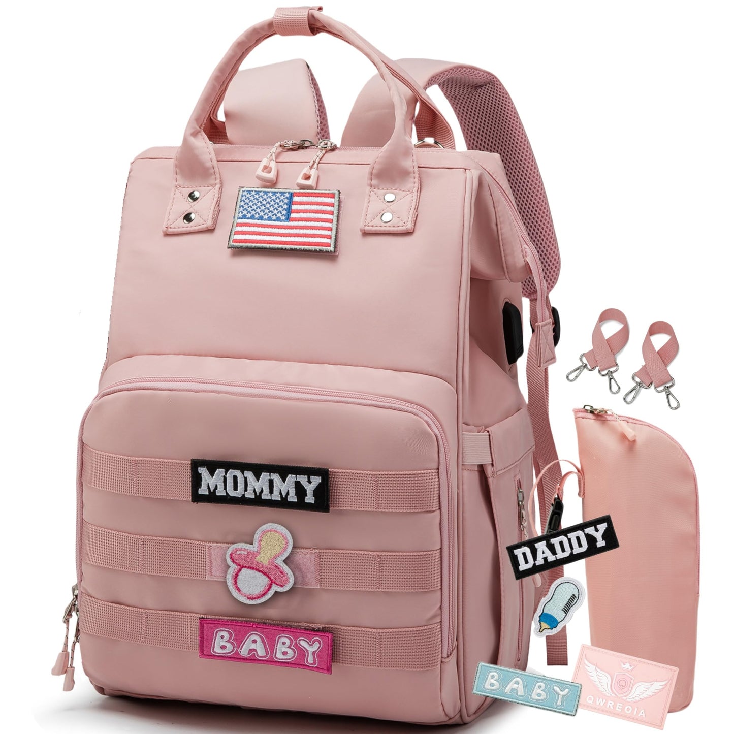 Diaper Bag Backpack for Dad and Mom with USB Charging Port Stroller Straps and Insulated Pocket,army military Travel Nappy Backpack for Daddy/Mommy (Black)