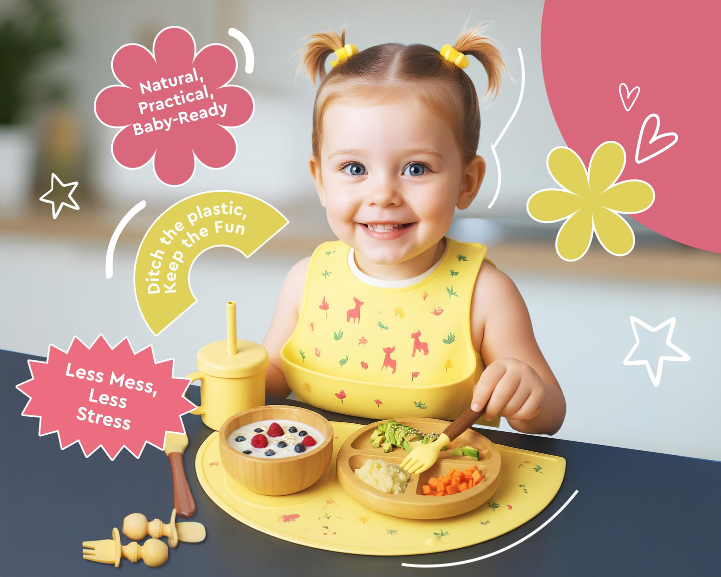 Bamboo Baby Feeding Set for Infants & Toddlers - Baby Essentials, Non-Toxic, Sustainable, Bamboo Suction Plate & Bowl, Bib, Sippy Cup w/Lid & Straw, Daily Use, Travel, Baby Shower Gifts (Pink)