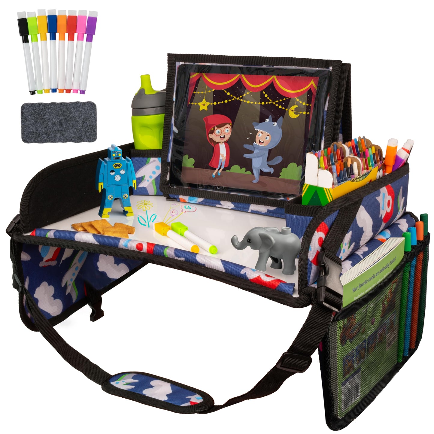 Lusso Gear Kids Travel Tray 2-Pack for Car Seats - Car Seat Tray with Tablet Stand, Mesh Pockets and Cup Holder - Road Trip Essentials Organizer and Activity Desk (Black)