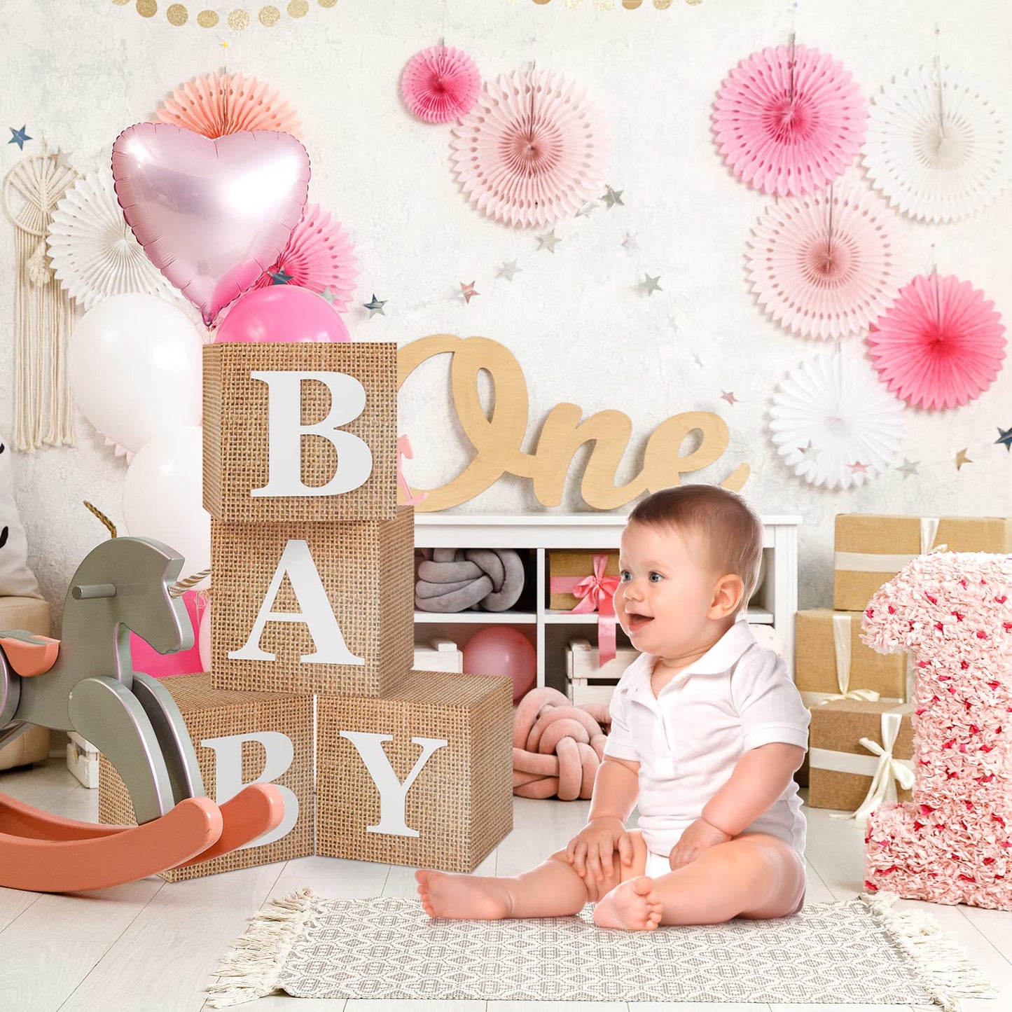 RUBFAC Sage Green Baby Boxes with Letters for Baby Shower, 4pcs Safari Baby Shower Decorations for Boy Girl Balloon Boxes Gender Reveal Birthday Party Favors