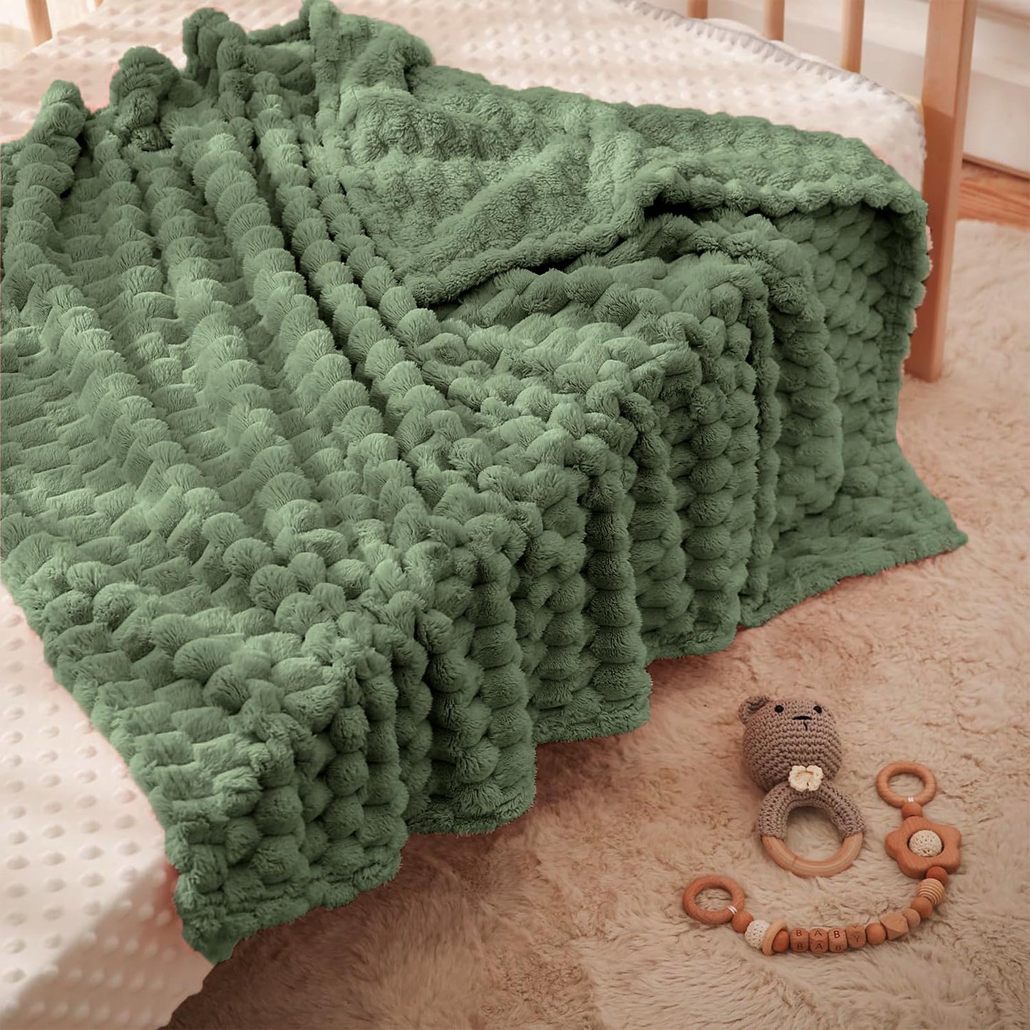 HOMRITAR Baby Blanket for Boys or Girls 3D Jacquard Fluffy Fuzzy Soft Warm Cozy Flannel Fleece Warm Blanket for Nursery, Stroller Toddler Bedding (30 x 40 Inch, Blue)