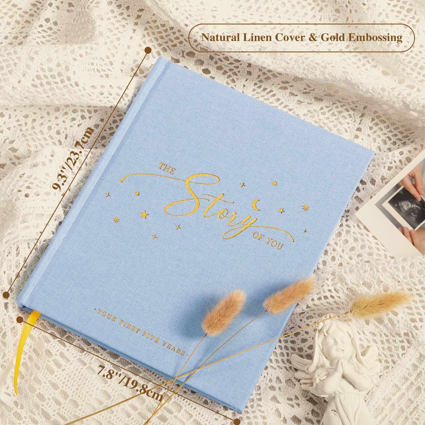 Lanpn Baby Memory Book - Linen Baby Book Journal Memories Keepsake - The Story of You - Newborn Baby First 5 Year Scrapbook Photo Book Milestone Album for Boy Girl New Parents (Sage Green, 154 Pages)