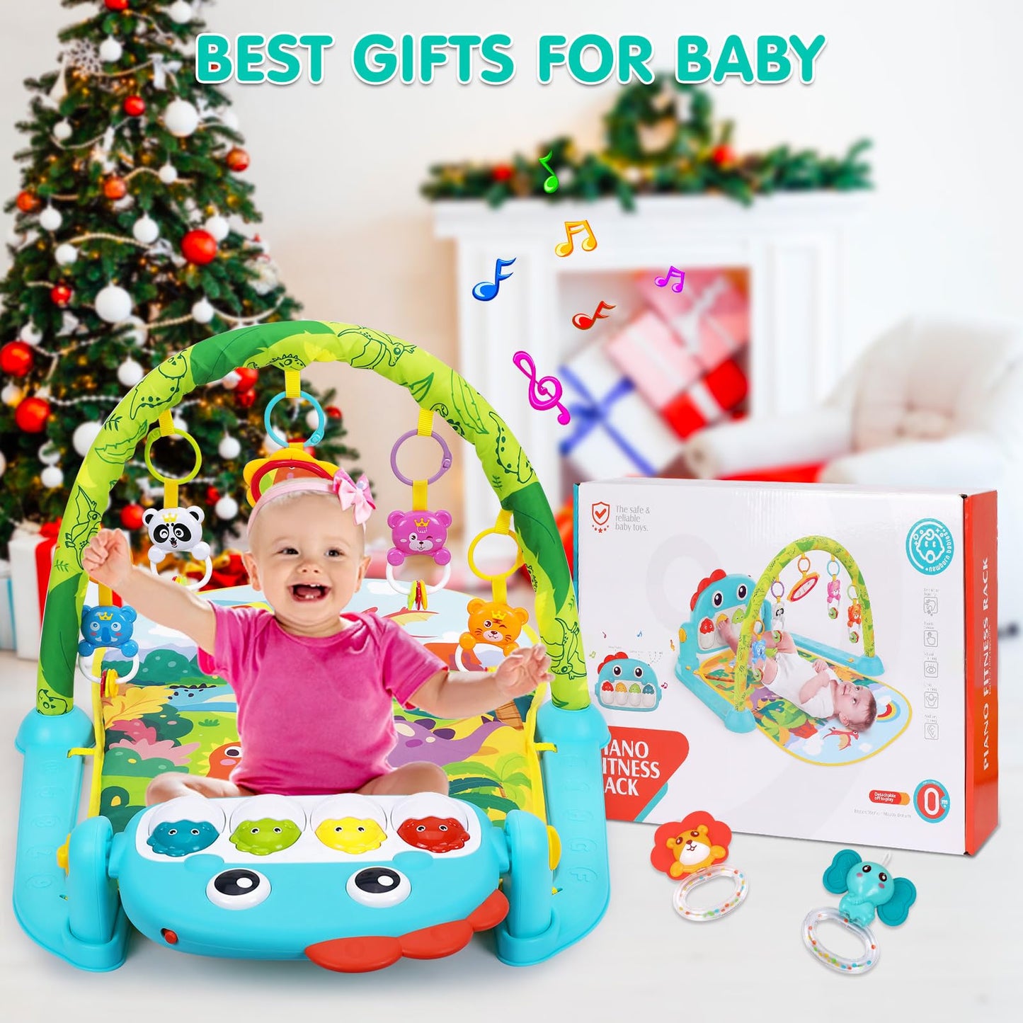 UMIKU Baby Play Mat Baby Tummy Time Mat Activity Center for Newborn Infant Piano Play Gym Mat Music & Light Babies Gifts Boy Girl for Babies 0-6 6-12 Months, Pink Dinosaur