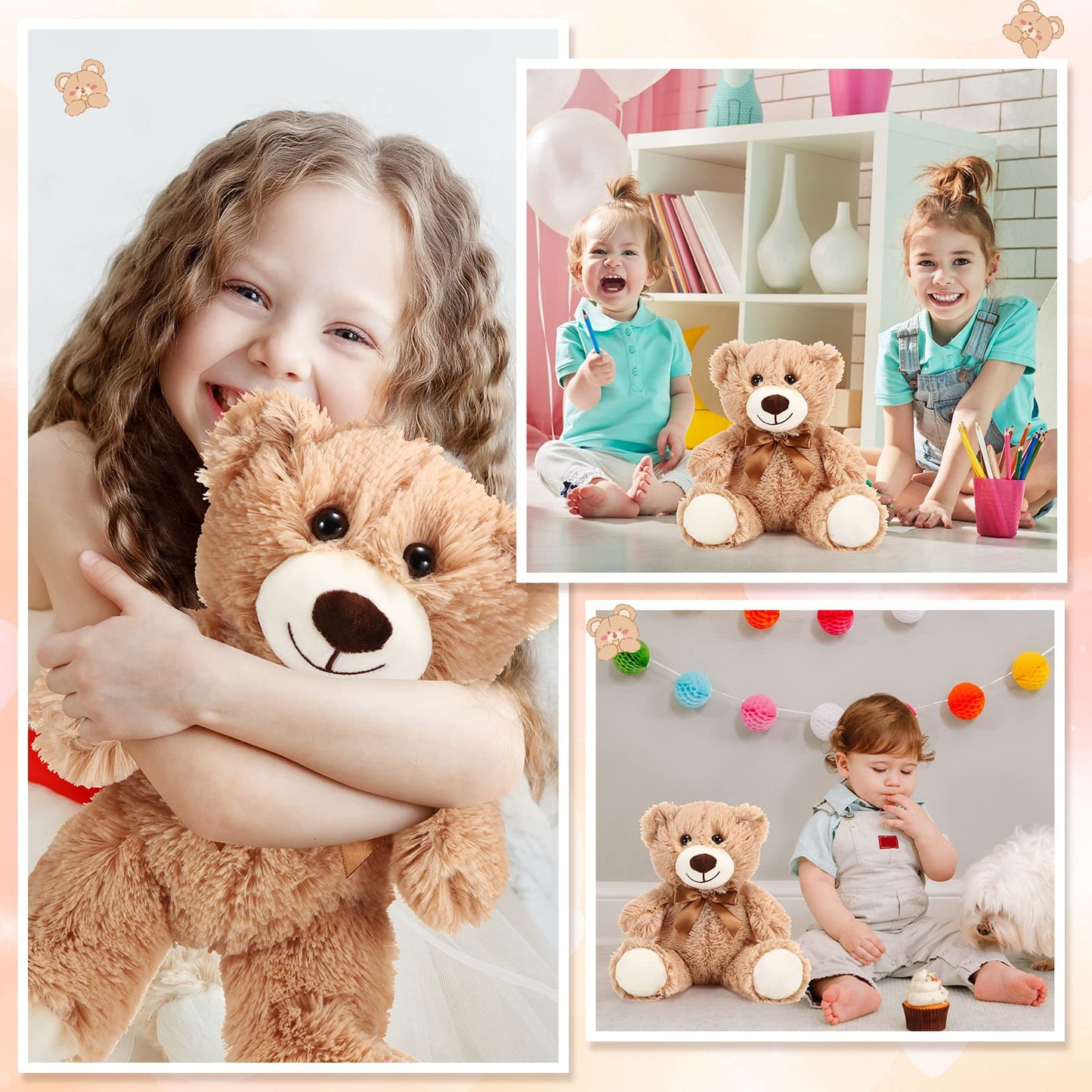 HyDren 6 Pcs Bear Stuffed Animal Plush Toys Soft Plush Dolls Bear Sleeping and Playing Toys for Baby Shower Decoration Boy(Fuzzy Style,Brown)