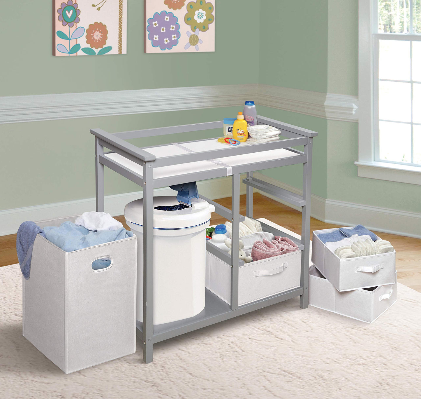 Badger Basket Modern Baby Changing Table - Portable Diaper Station with 3 Drawers Pad & Hamper - Storage Organizer for Baby Clothes, Diapers & Toys - Fresh White/White (34.25 x 20.75 x 34.5)