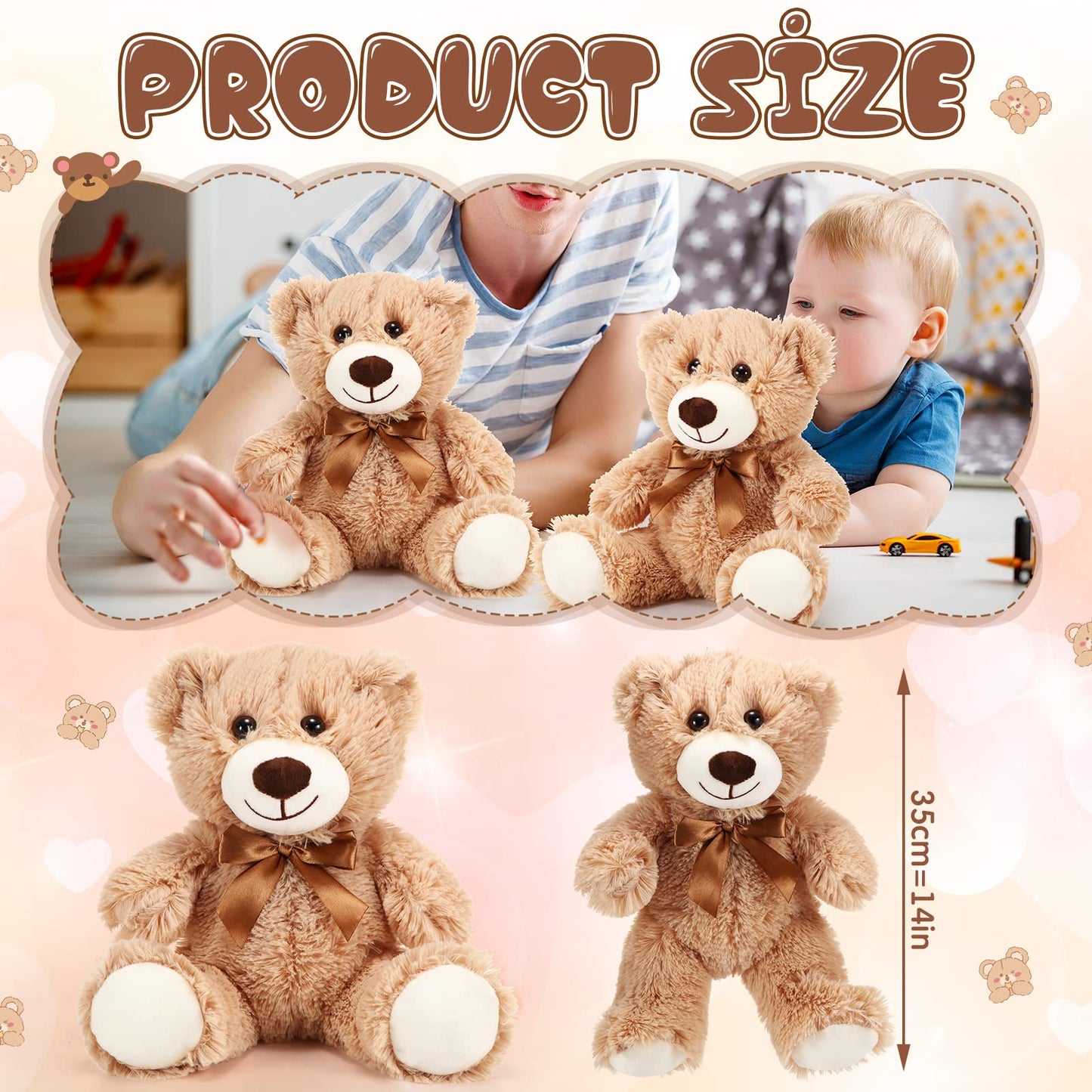 HyDren 6 Pcs Bear Stuffed Animal Plush Toys Soft Plush Dolls Bear Sleeping and Playing Toys for Baby Shower Decoration Boy(Fuzzy Style,Brown)