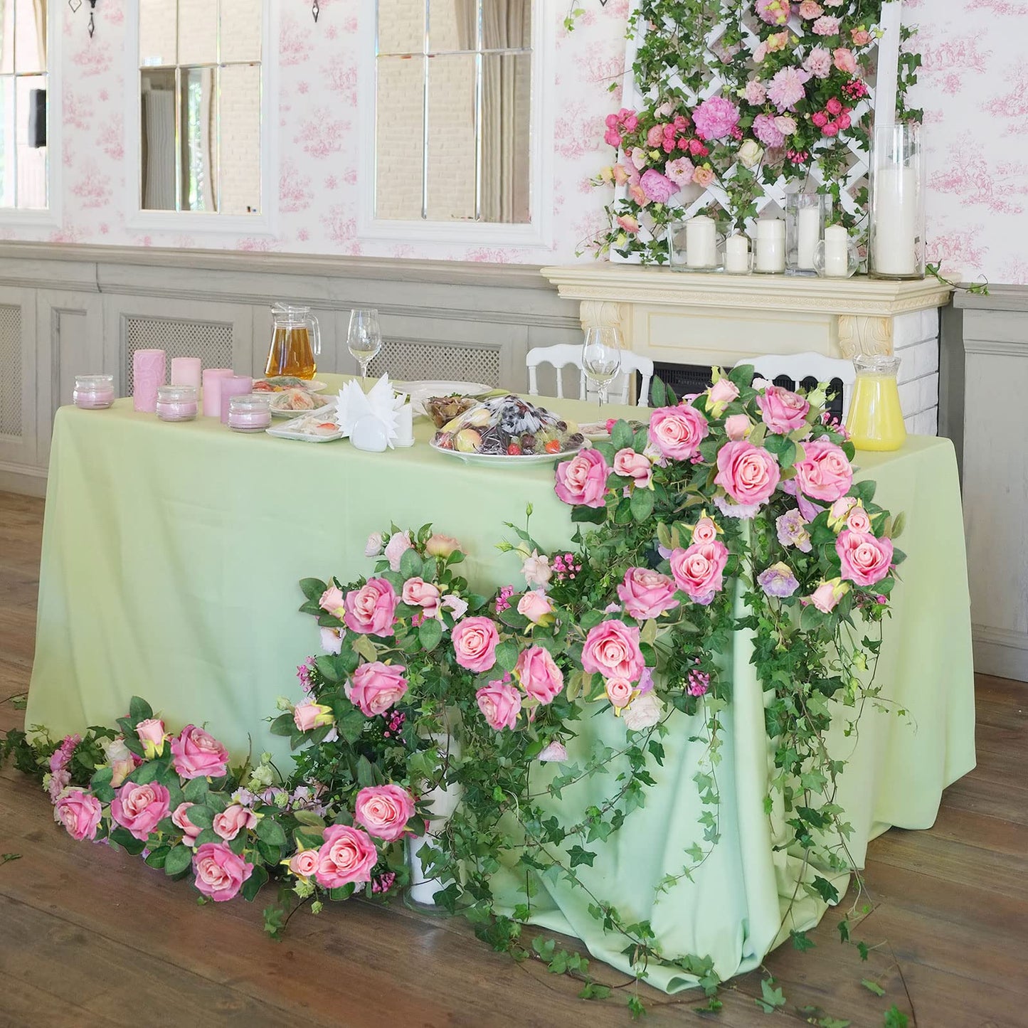 TELDRASSIL 4Pcs(26 FT) Artificial Rose Vine Fake Flower Garland Fake Silk Rose Hanging Vine for Wedding Party Background Arch Garden Background Decoration (Pink)