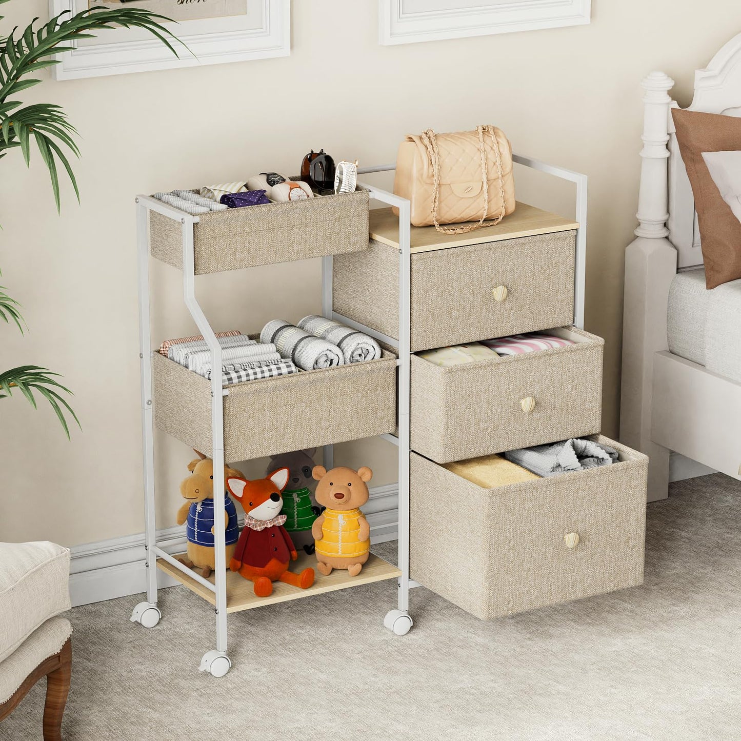 Baby Diaper Caddy Organizer and Storage - 3 Tier Rolling Cart with Dividers and Drawers, Easy To Assemble, Mobile Utility Cart with Wheels for Nursery, Bedroom, Changing Table & Crib