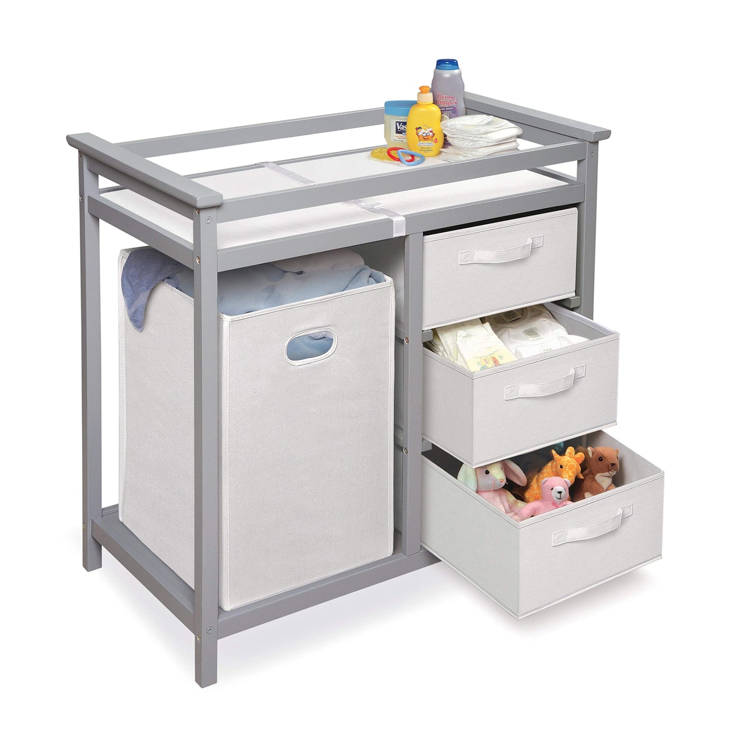 Badger Basket Modern Baby Changing Table - Portable Diaper Station with 3 Drawers Pad & Hamper - Storage Organizer for Baby Clothes, Diapers & Toys - Fresh White/White (34.25 x 20.75 x 34.5)